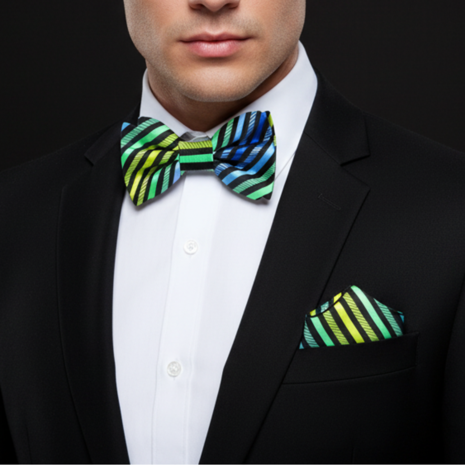 Green Blue Yellow Stripe Bow Tie and Pocket Square