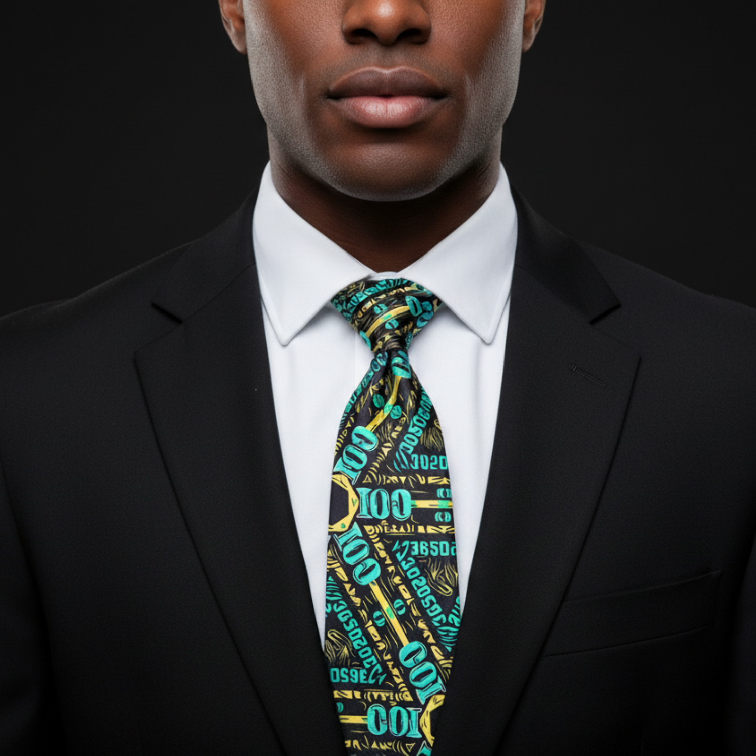 Man wearing green and yellow black abstract tie on black suit