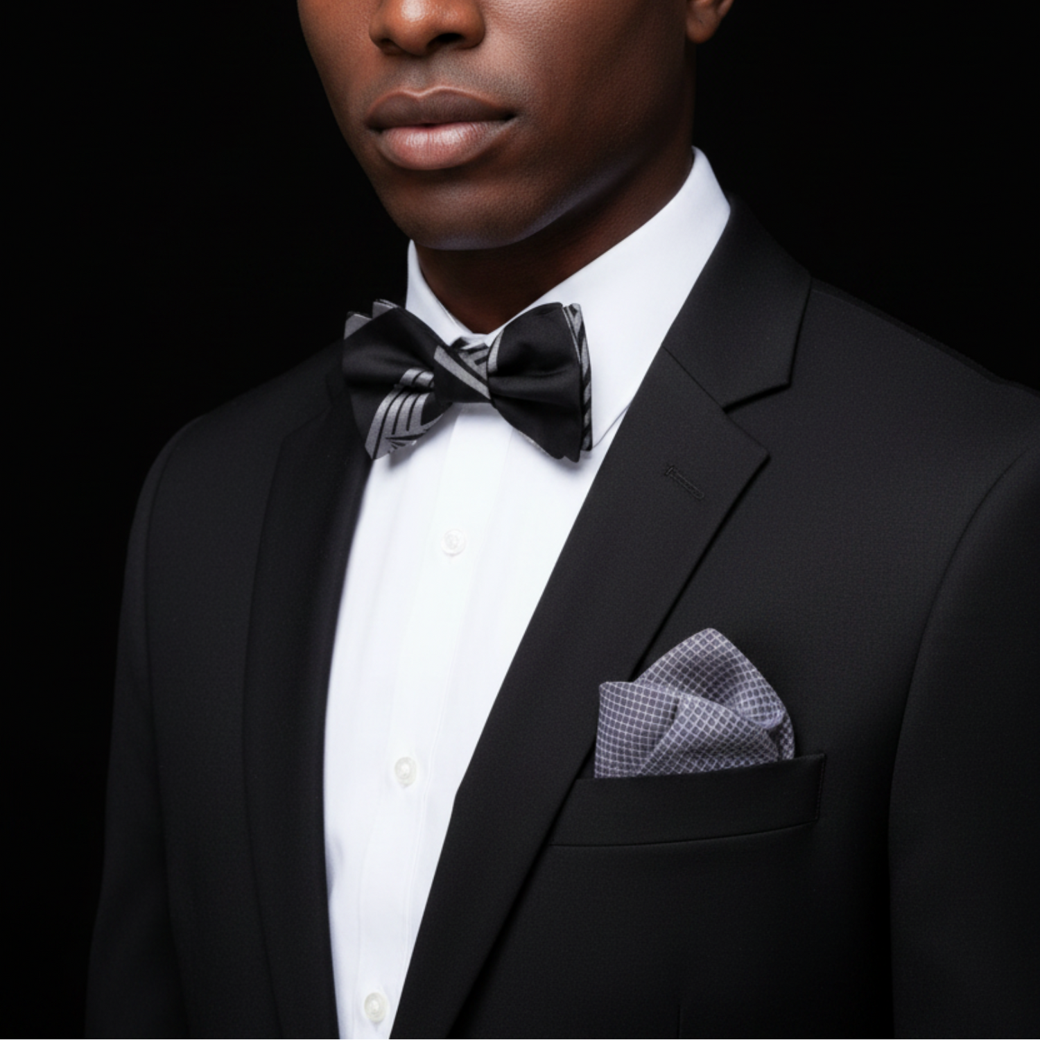 Man wearing a black tuxedo with a bow tie and pocket square on a black background