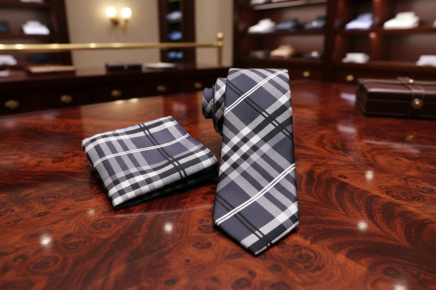 Alt Black, Grey, White Plaid Necktie and Square