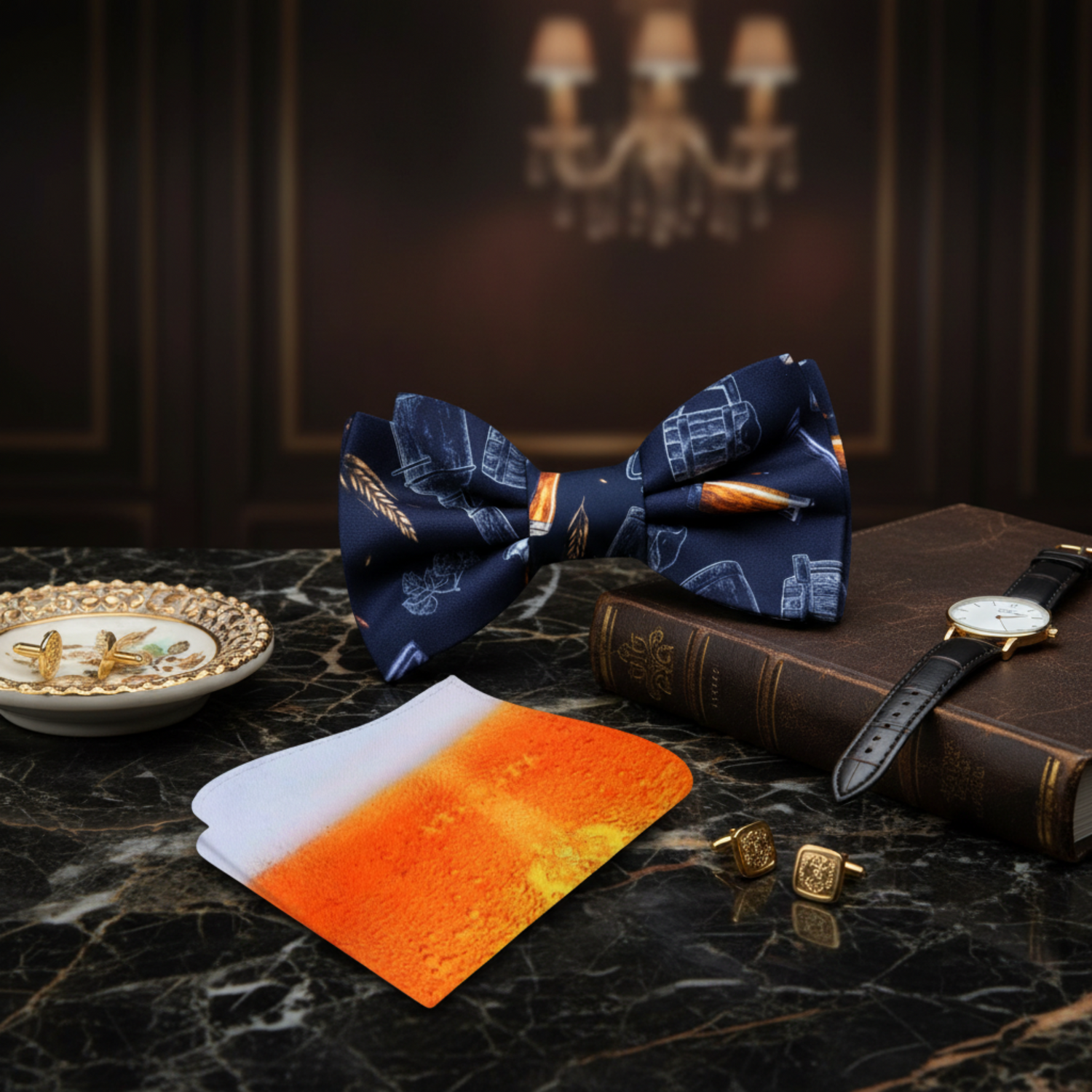 Black, Grey, Golden Amber Fresh Beer, Wheat, Hops, Fermenter Bow Tie and Accenting Pocket Square