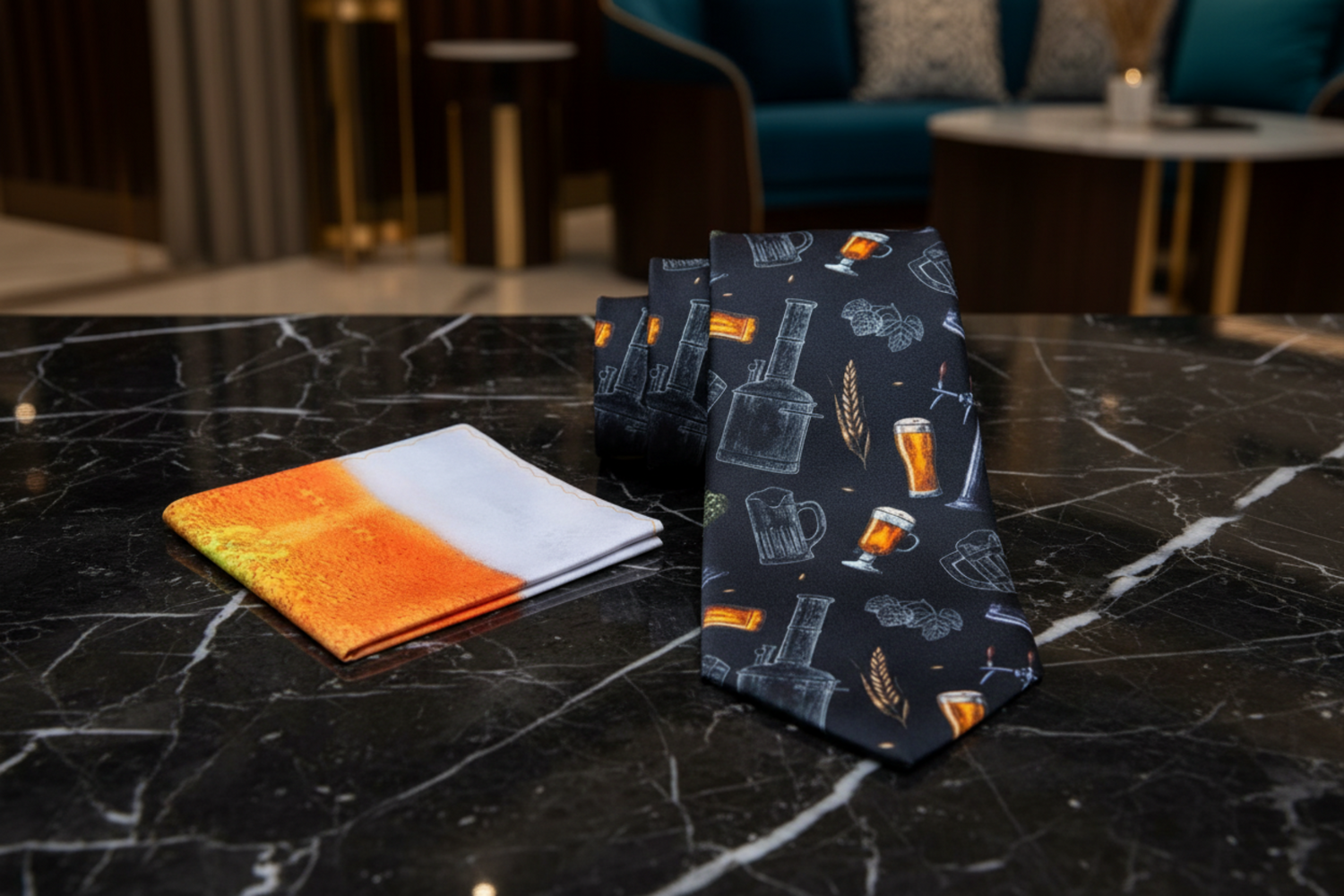 Alt view Black, Grey, Amber Brewer Tie and Accenting Pocket Square