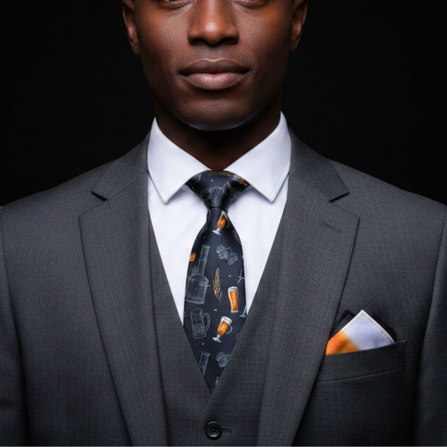 Man wearing a gray suit with a patterned tie against a black background