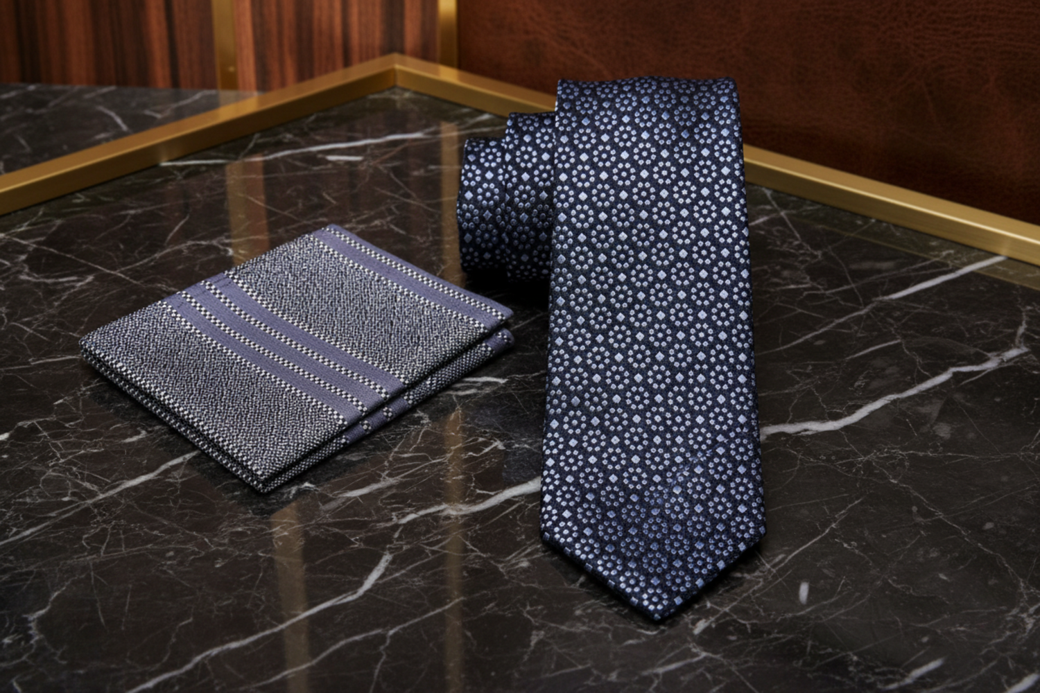 Alt: Black, Grey Geometric Necktie and Accenting Grey Stripe Square