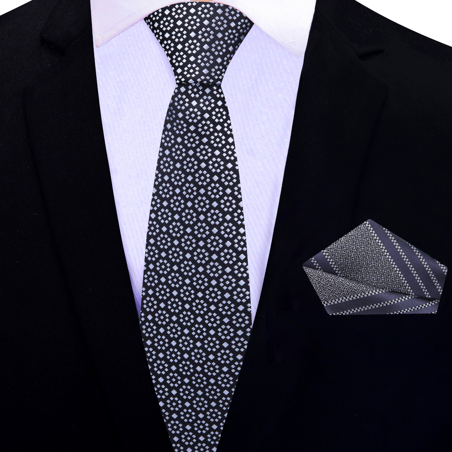 Black, Grey Geometric Thin Necktie and Accenting Grey Stripe Square