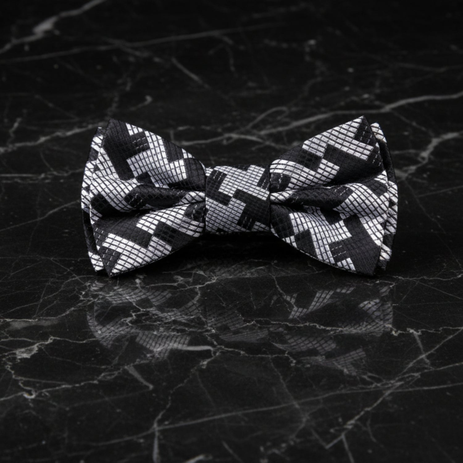 Black, Grey Hounds Tooth Bow Tie Pre Tied