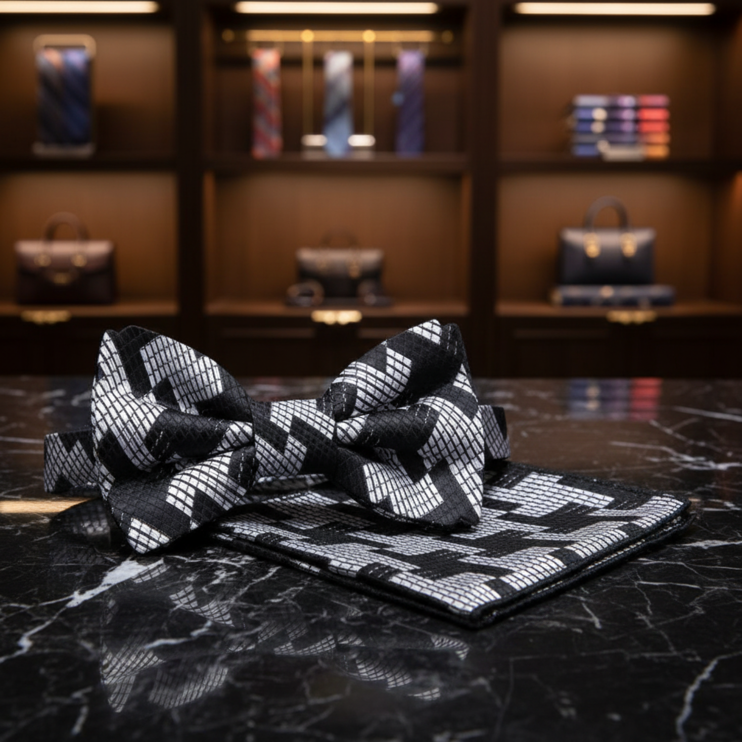 Black Grey Houndstooth Bow Tie and Pocket Square||Black