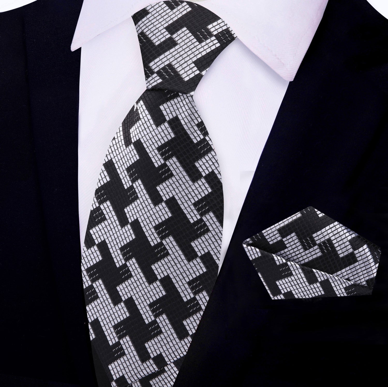 View 2: Black, Grey Big Hounds-tooth Tie and Pocket Square||Black, Grey