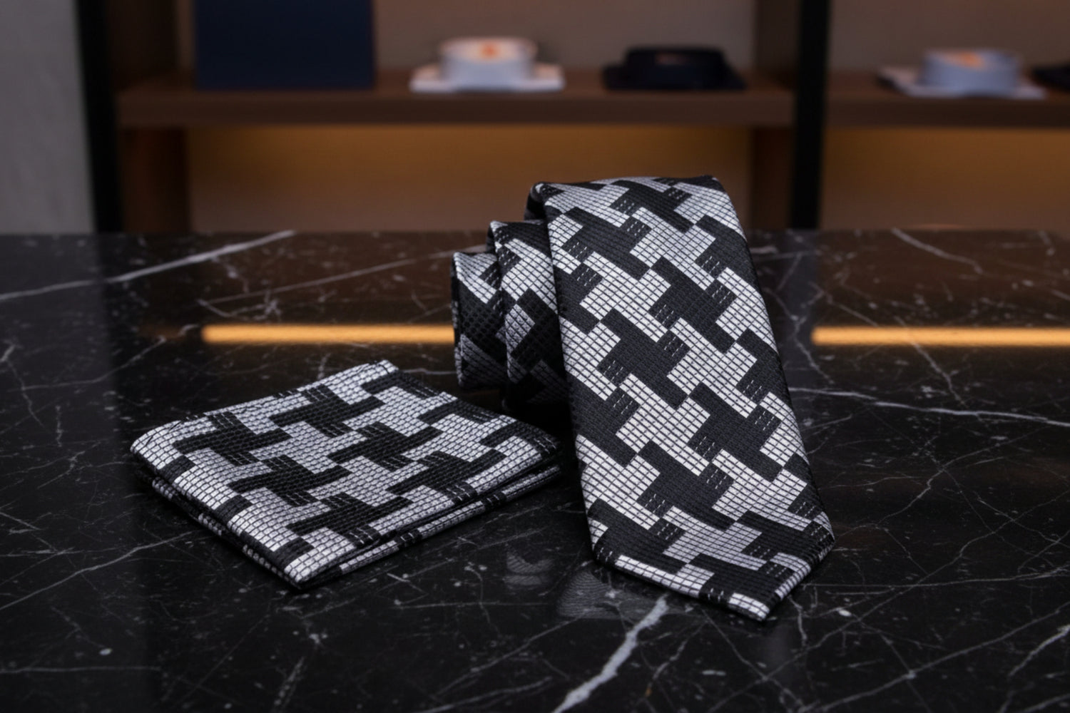 Grey and Black Hounds Tooth Necktie and Square