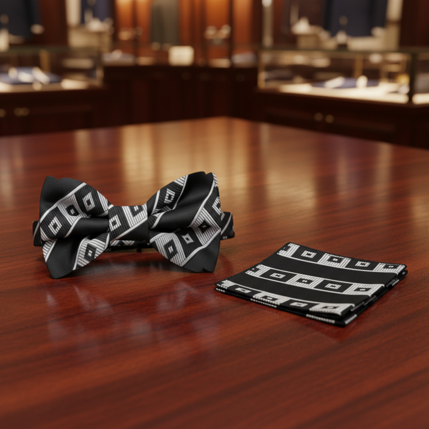 Silver and Black Scope Bow Tie and Pocket Square