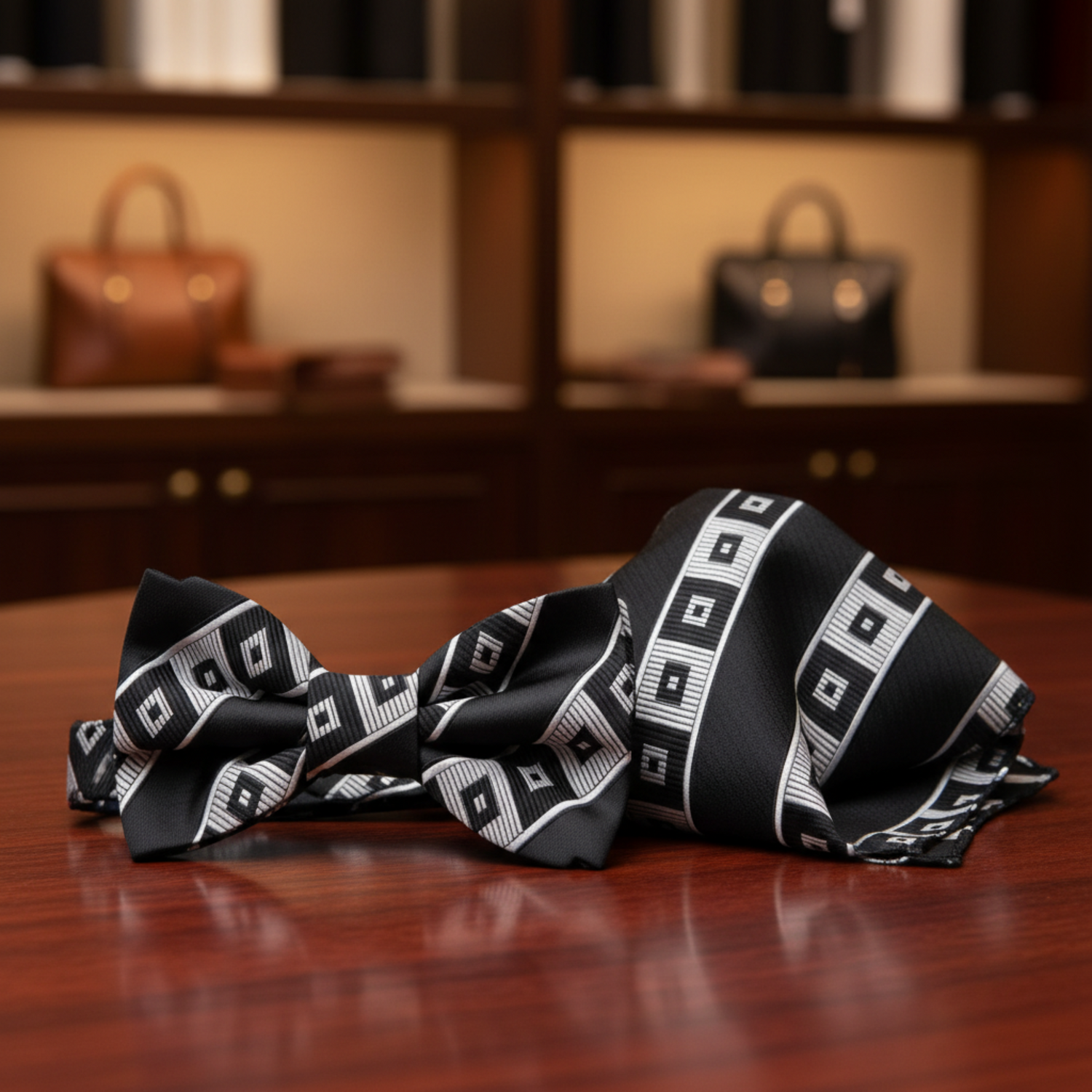 Black and white patterned bow tie on a mannequin with a close-up of the tie below.