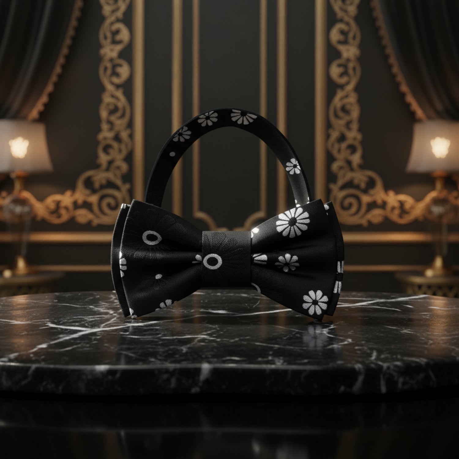 Black, Grey Flower Pre Tied Bow Tie