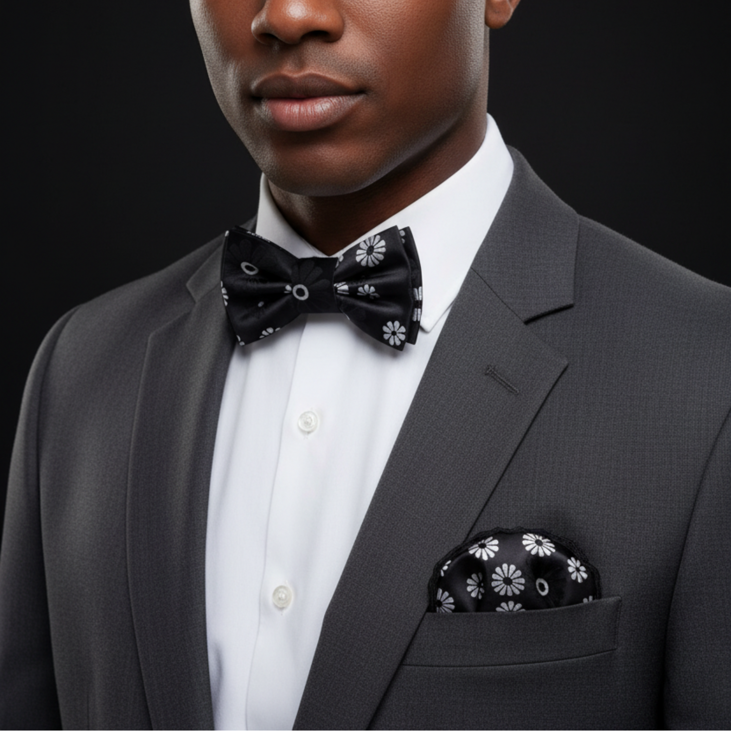 Man wearing a gray suit with a black bow tie and pocket square on a black background