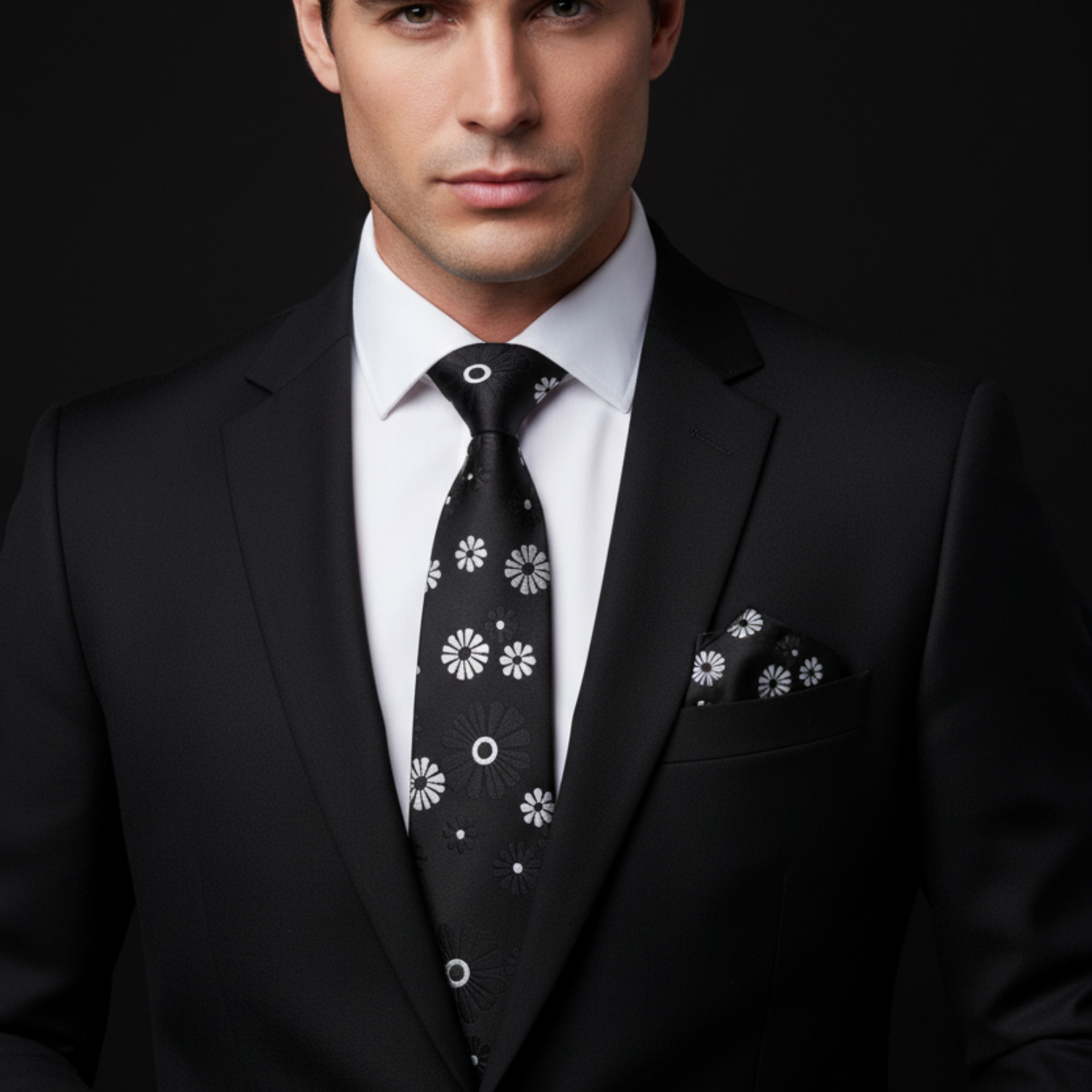 Man wearing a black suit with a black and grey floral patterned tie against a dark background