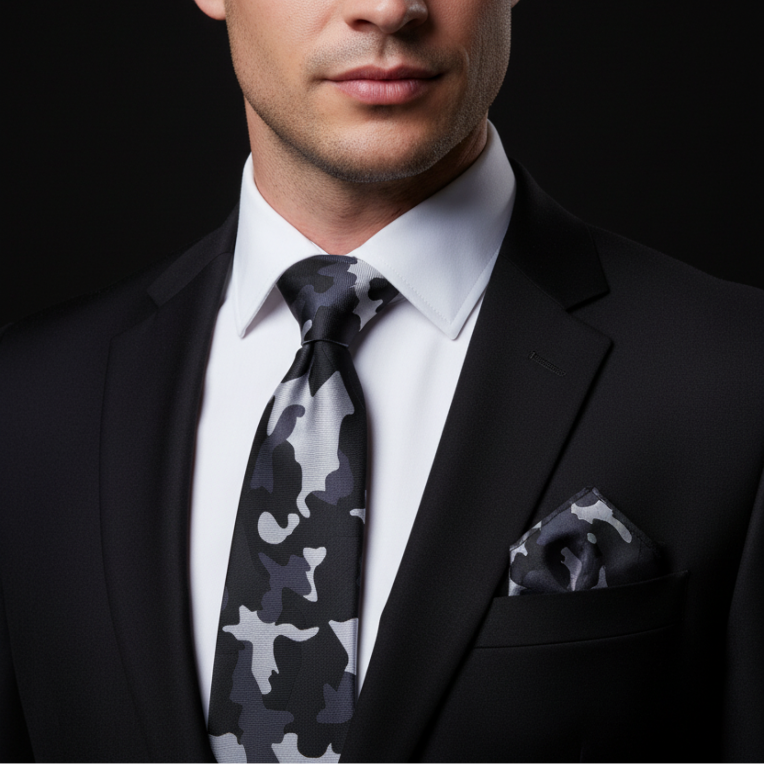 Man wearing a black suit with a camouflage tie and pocket square on a dark background