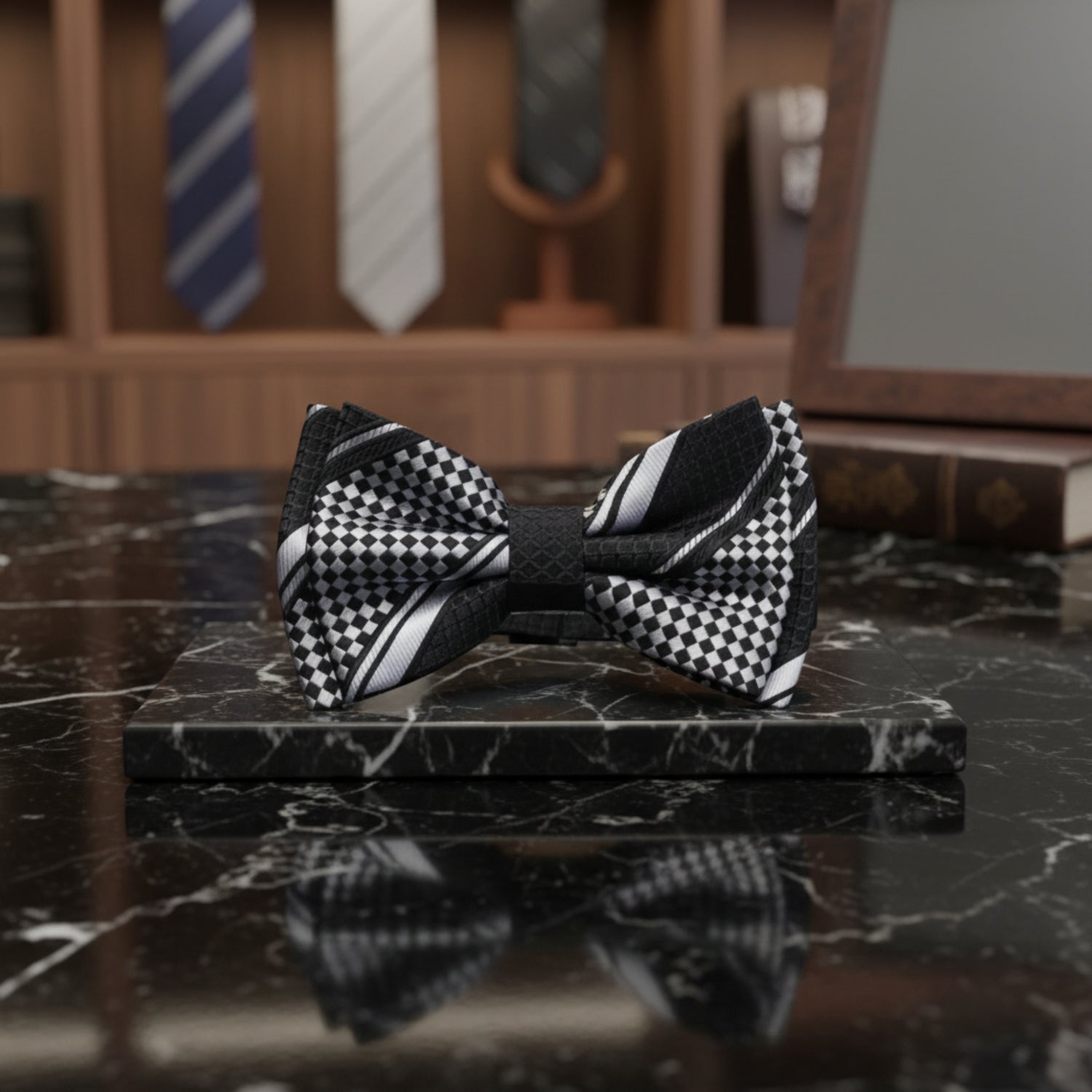 Boys Black White Checkerboard Stripe Boy tie on table