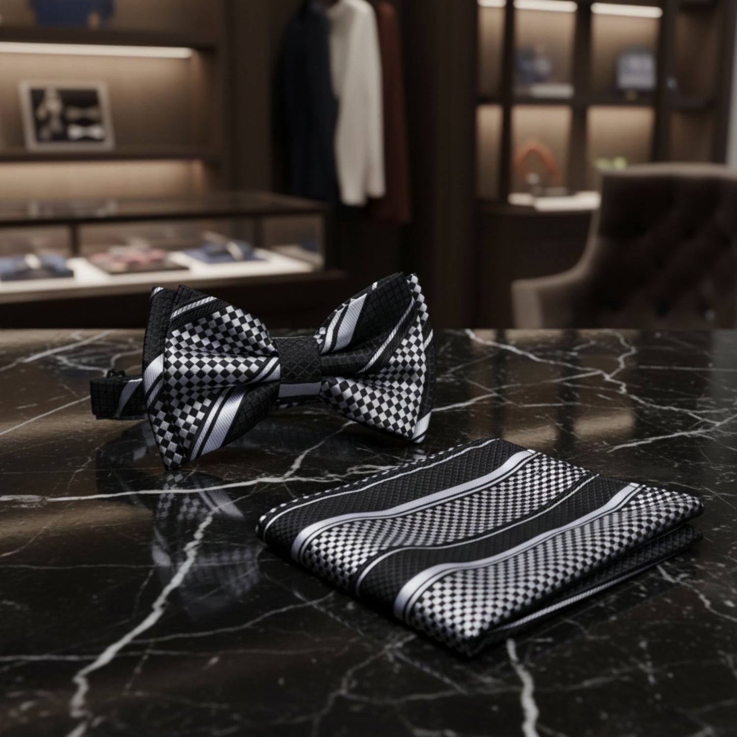 Boys Black White Checkerboard Stripe Boy tie and square