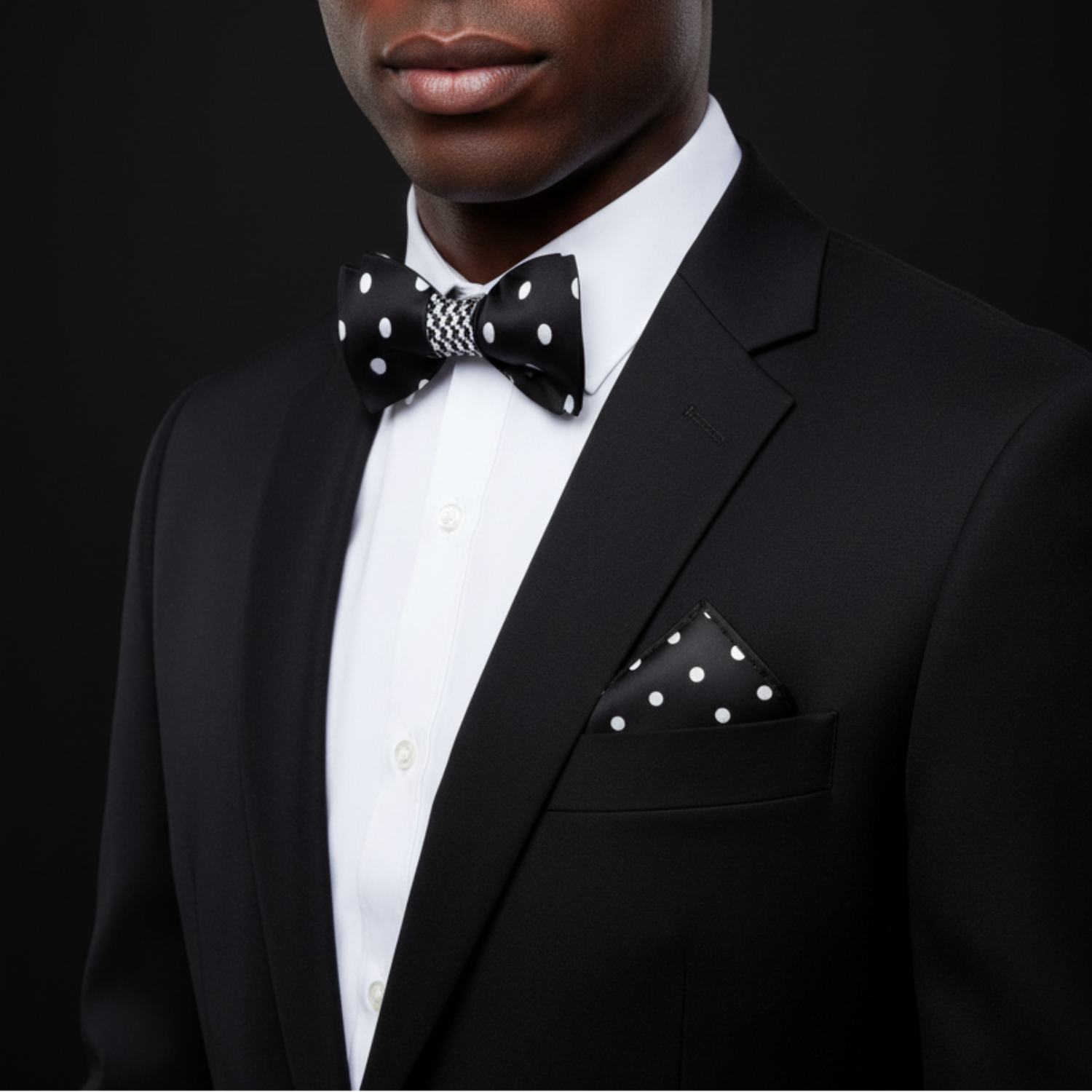 man wearing reversible black and light grey polka houndstooth bow tie and square with suit