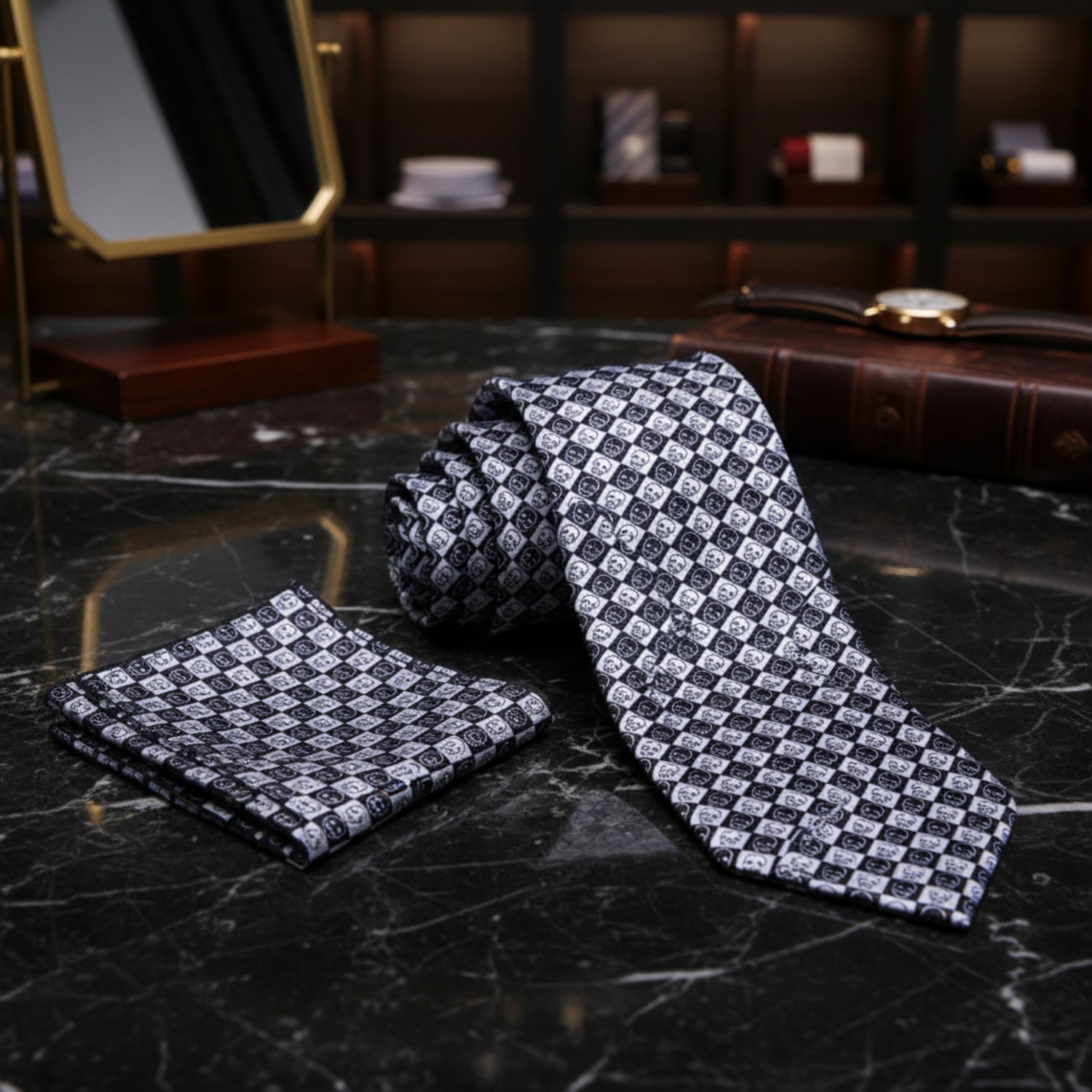 Black, White Skulls Tie and Square