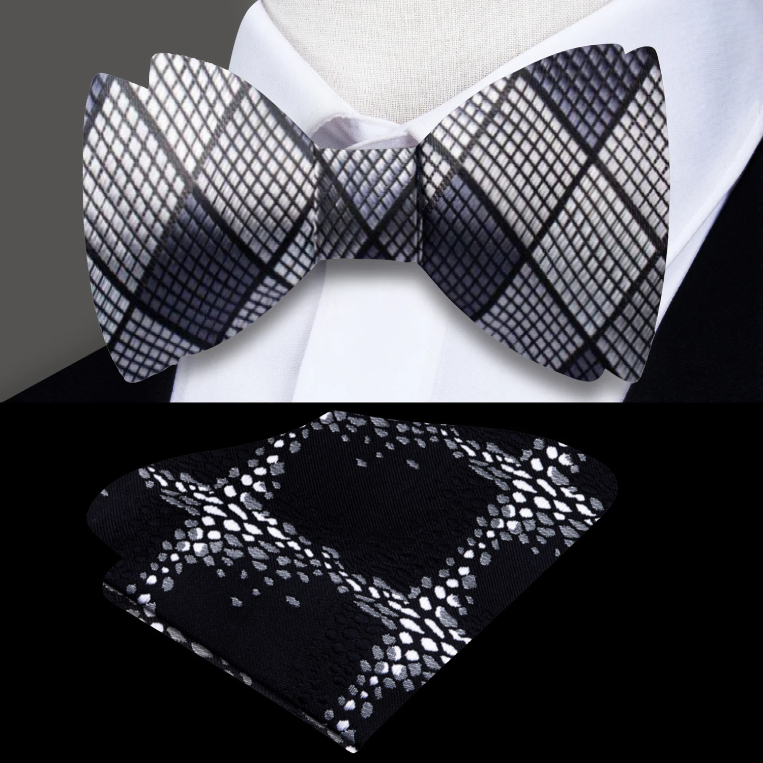 Black, Grey Diamonds Bow Tie and Pocket Square