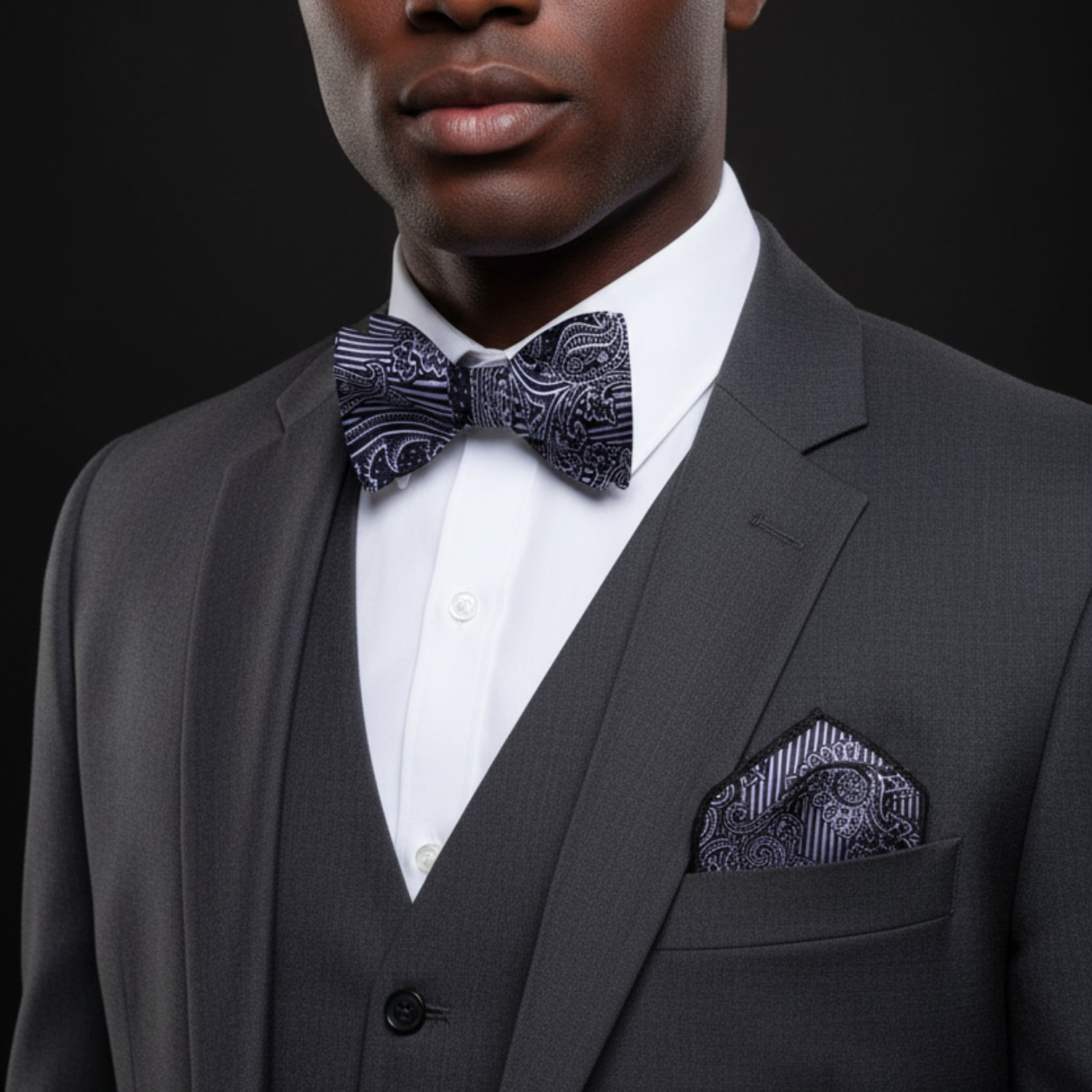 Man wearing black and grey paisley bow tie and square