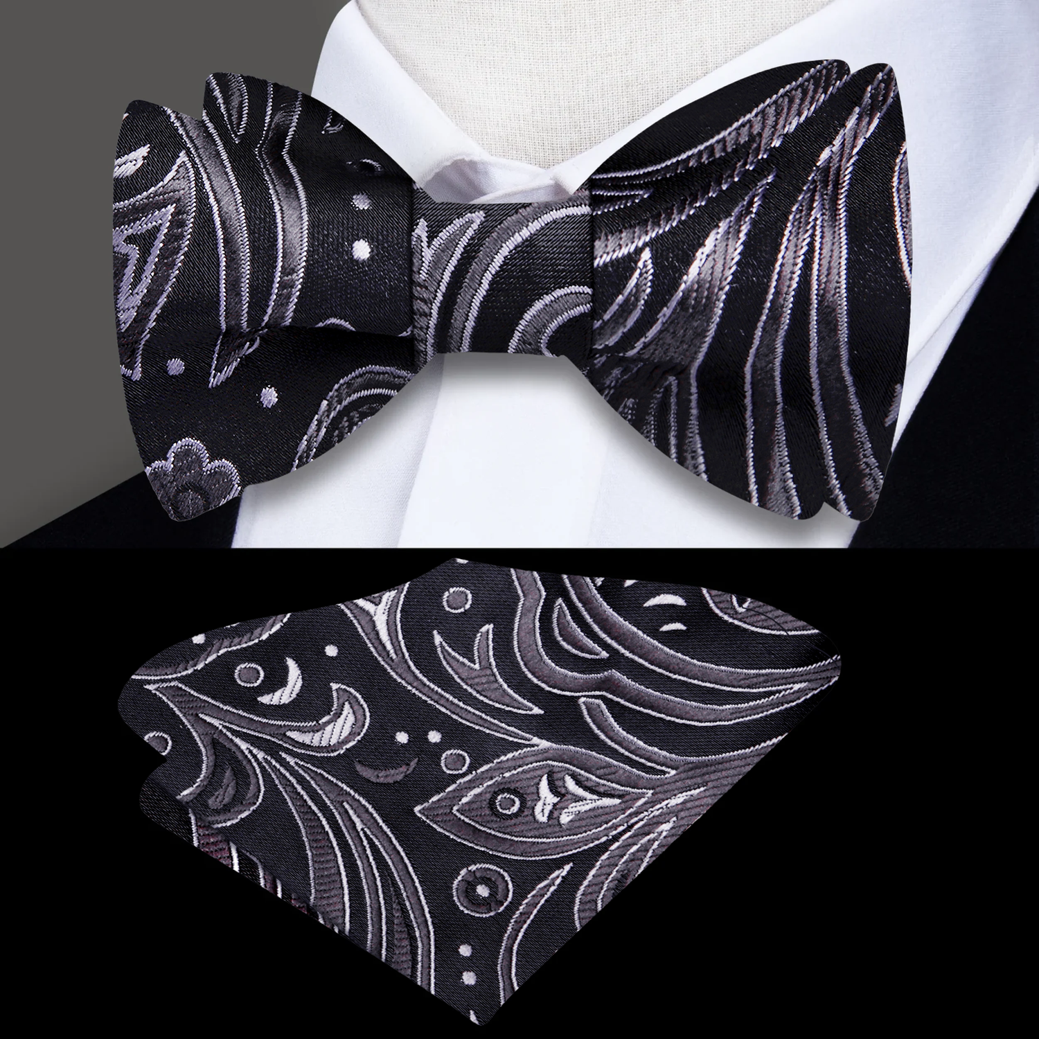 A Black, Charcoal Floral Pattern Self Tie Bow Tie, Matching Pocket Square