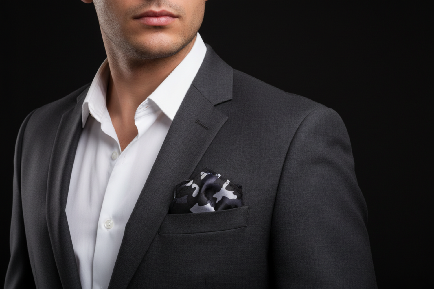 Man wearing a black suit with a white shirt and patterned pocket square on a black background