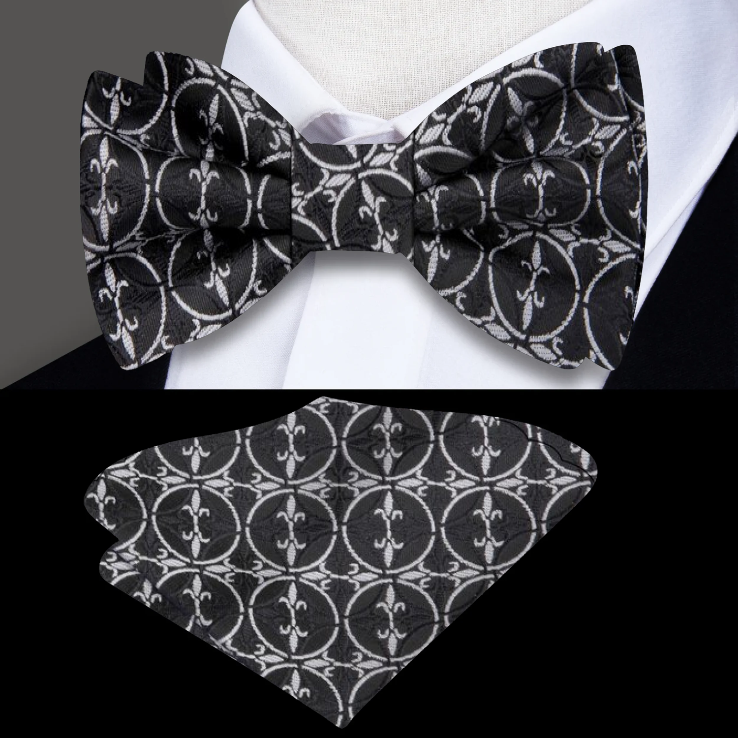 Black Fleur De Lis Bow Tie and Pocket Square||Black