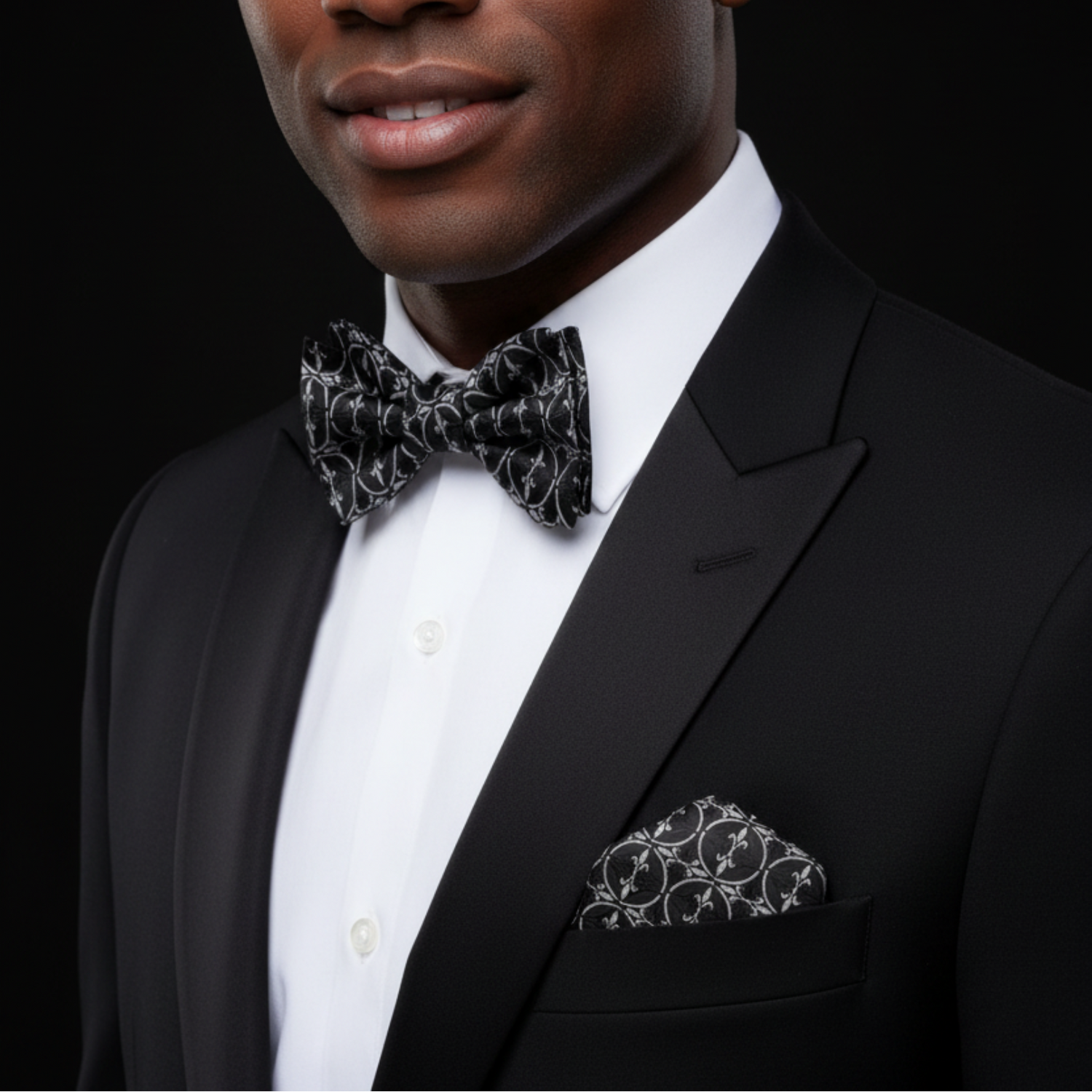 Man wearing a black tuxedo with a patterned bow tie and pocket square on a black background