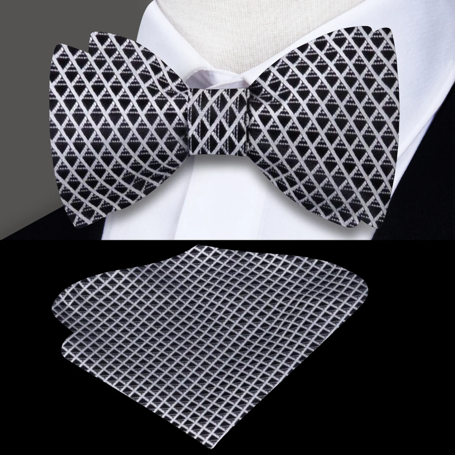 Black, Grey Check Bow Tie and Pocket Square||Black, Grey