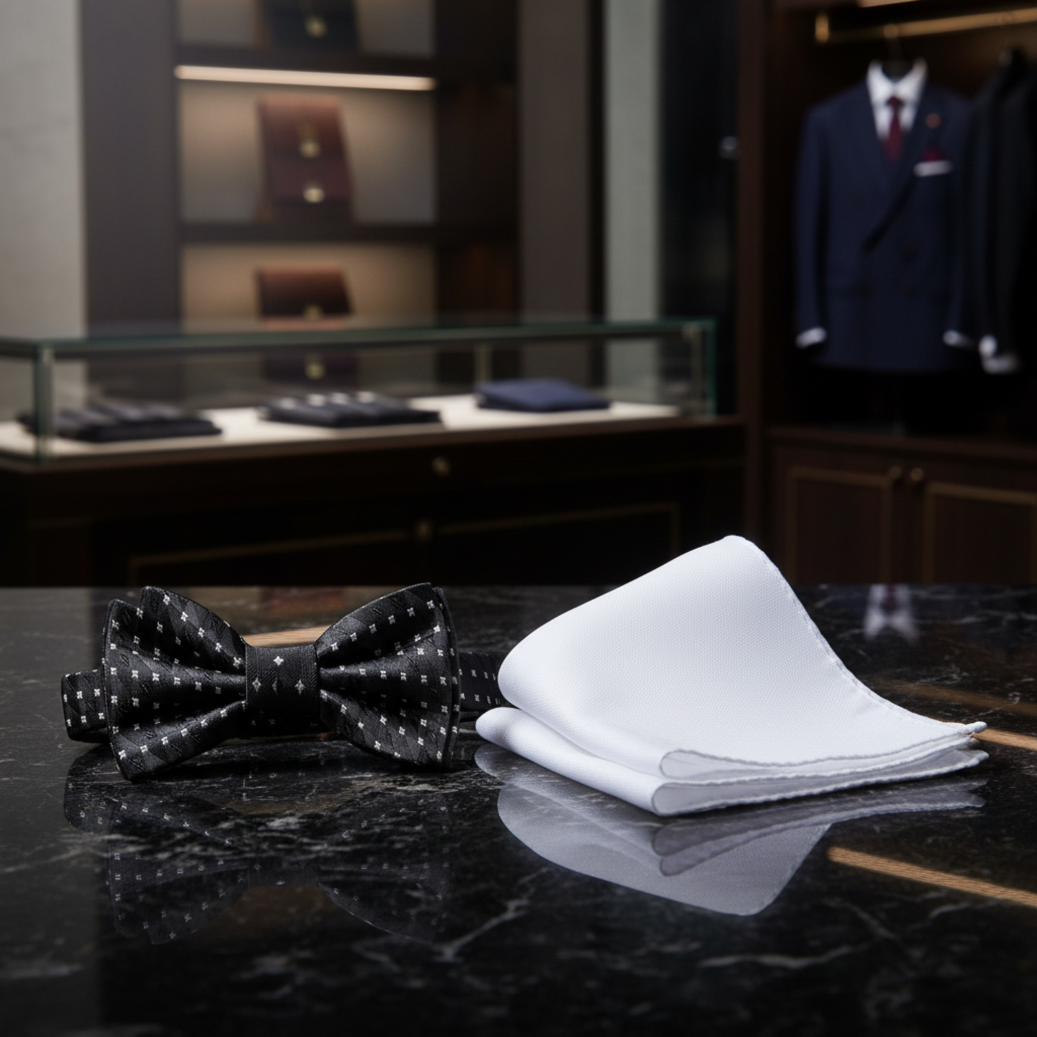 Black White Geometric Bow Tie and Grey Pocket Square