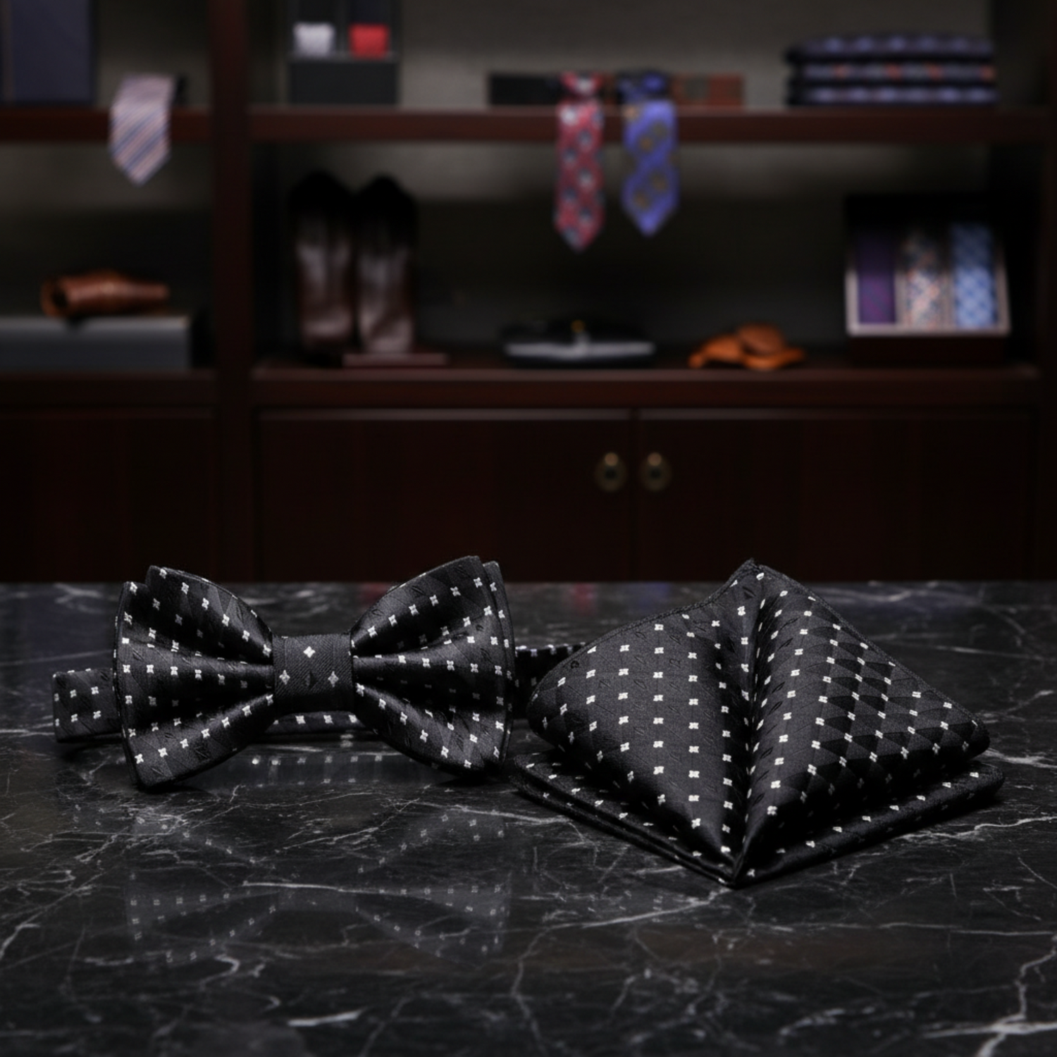Black White Geometric Bow Tie and Pocket Square