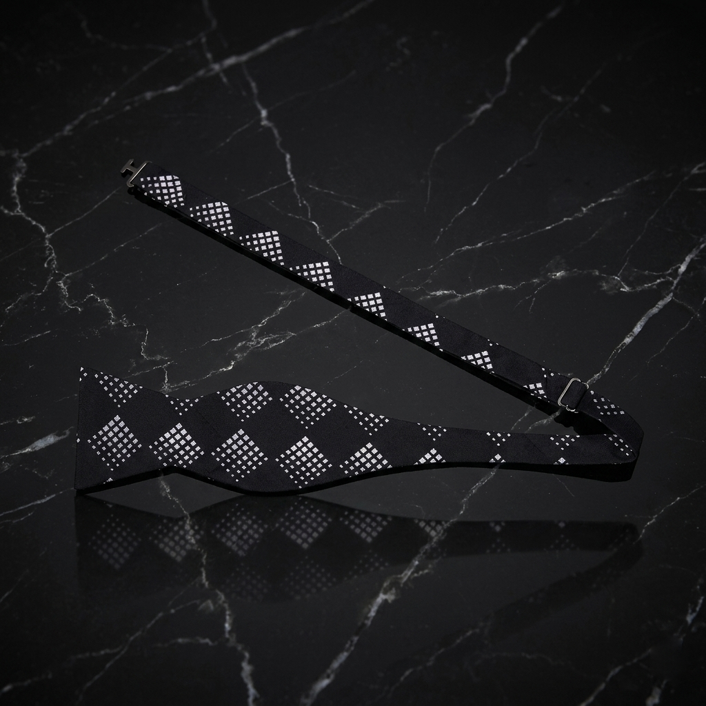 Black and white patterned belt on a dark marble surface