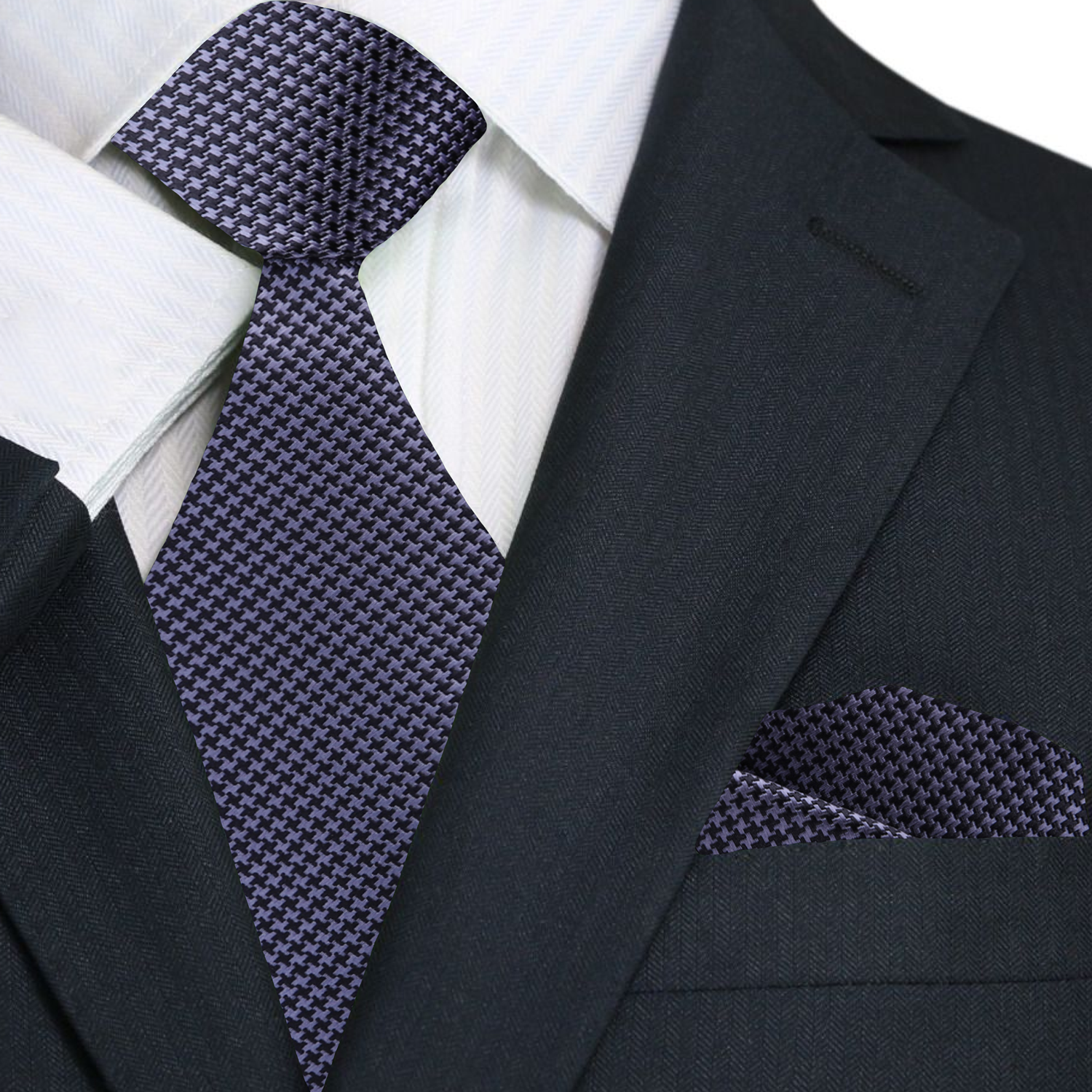 Premium: Silver, Black Hounds-Tooth Tie and Pocket Square