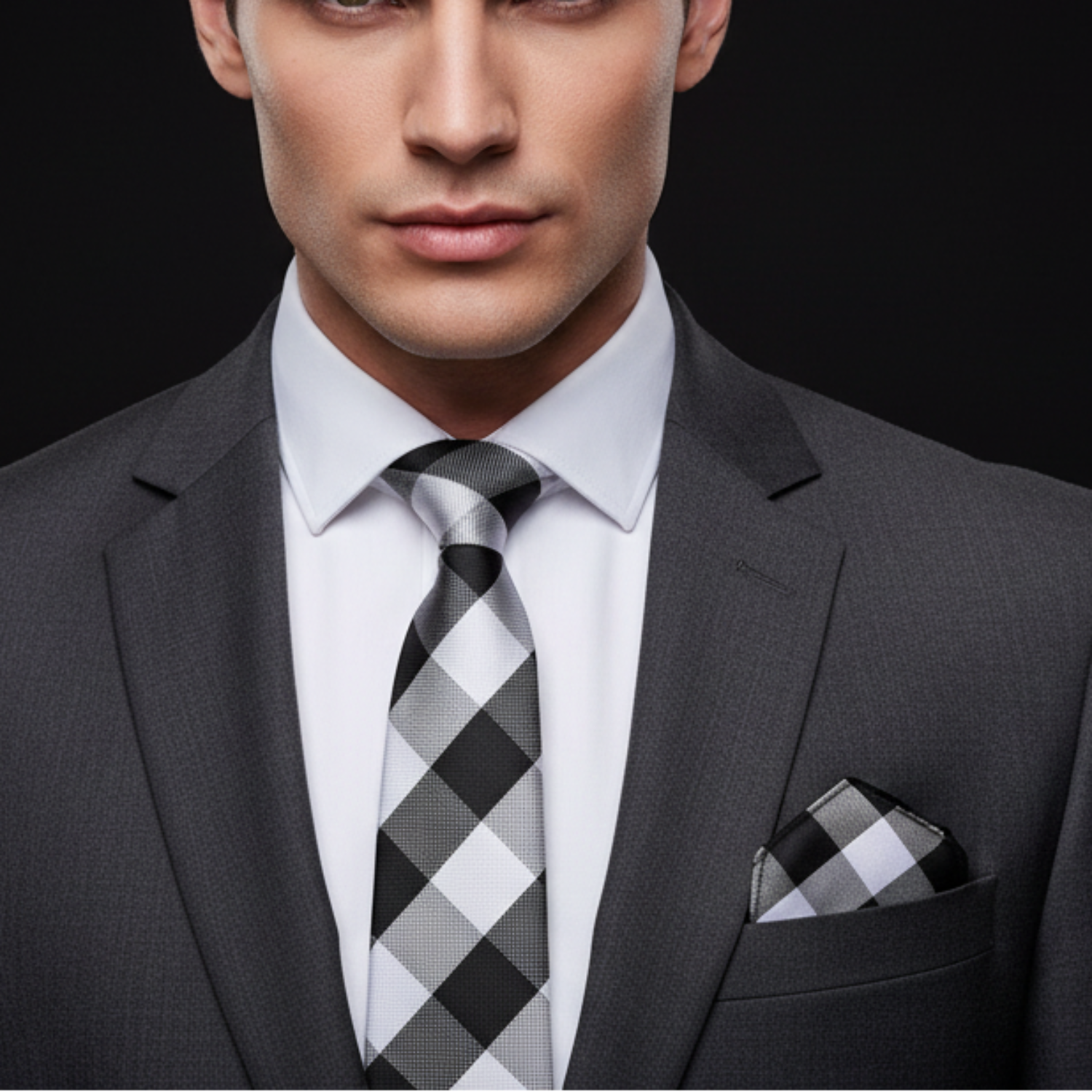 Man wearing a gray suit with a checkered tie and pocket square on a black background