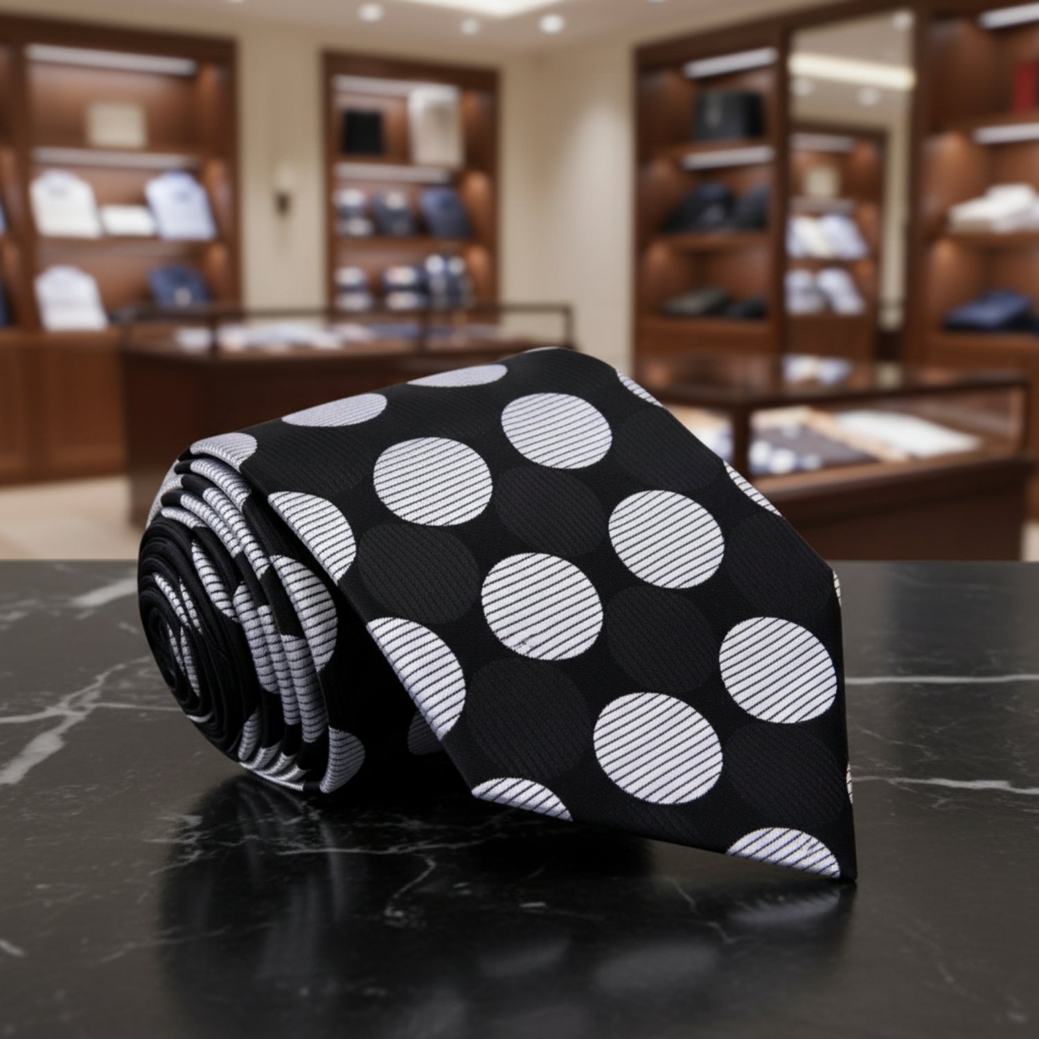 Black tie with white polka dots on a white background