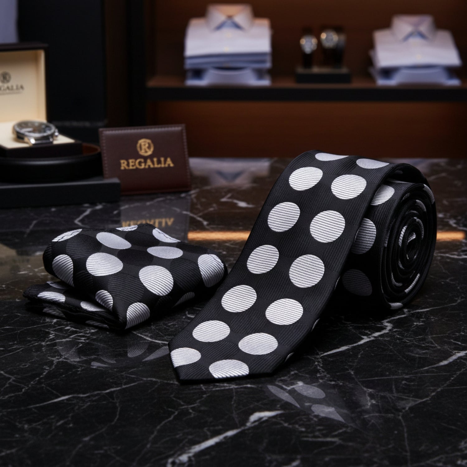 Black tie with red polka dots on a marble surface