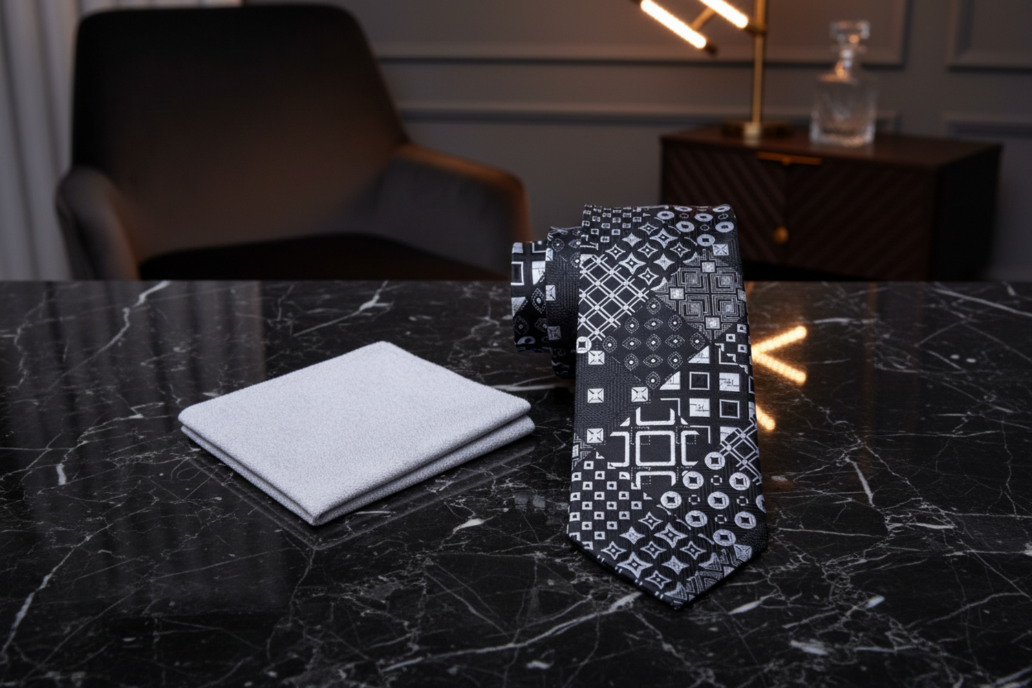 Alt View: Black, Grey Abstract Tie with Silver Square