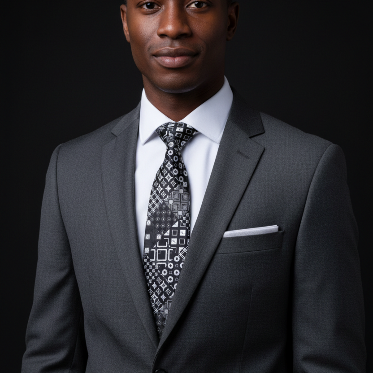 Man wearing a gray suit with a patterned tie on a black background