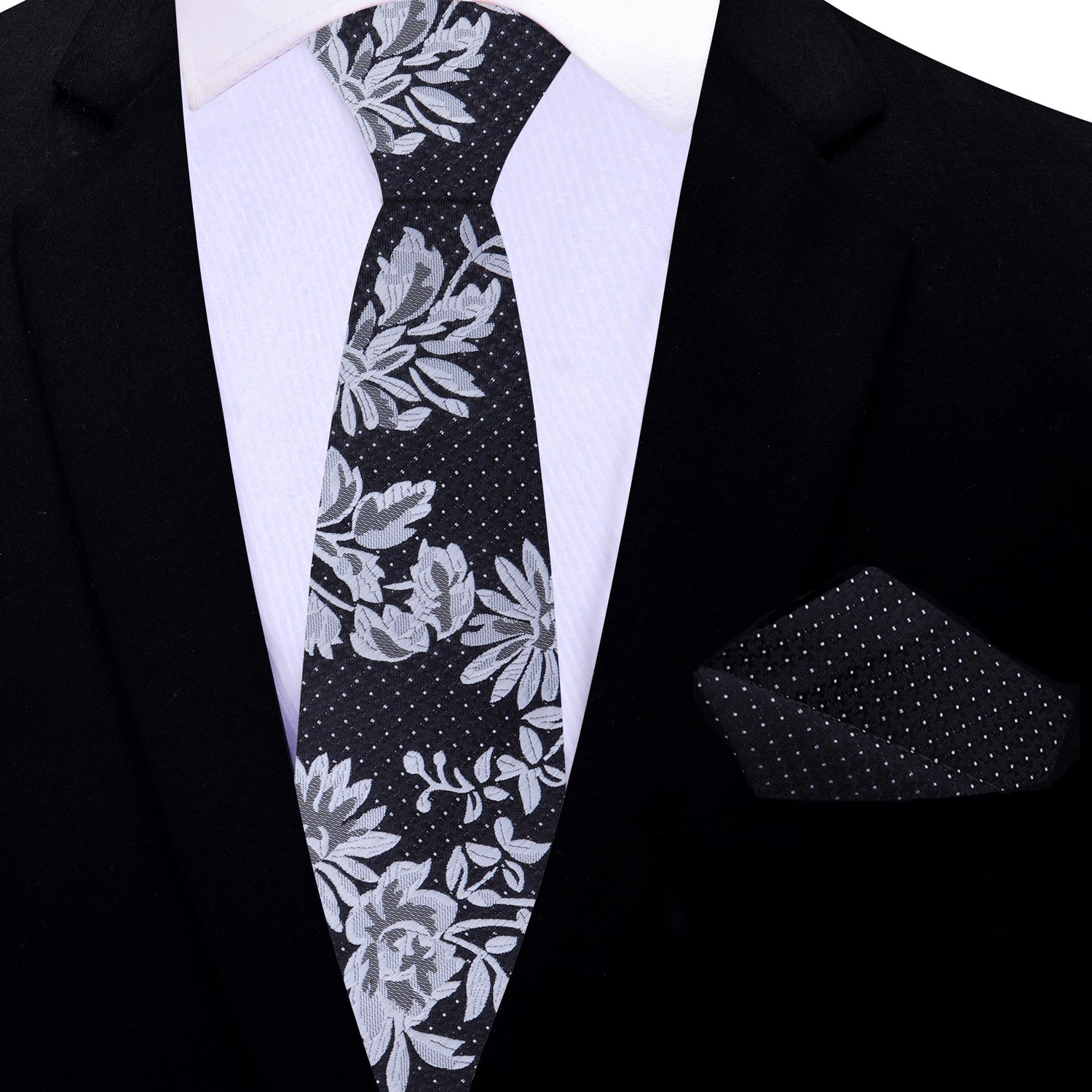 Thin Tie: Black, White, Grey Flowers and Dots Tie and Matching Pocket Square