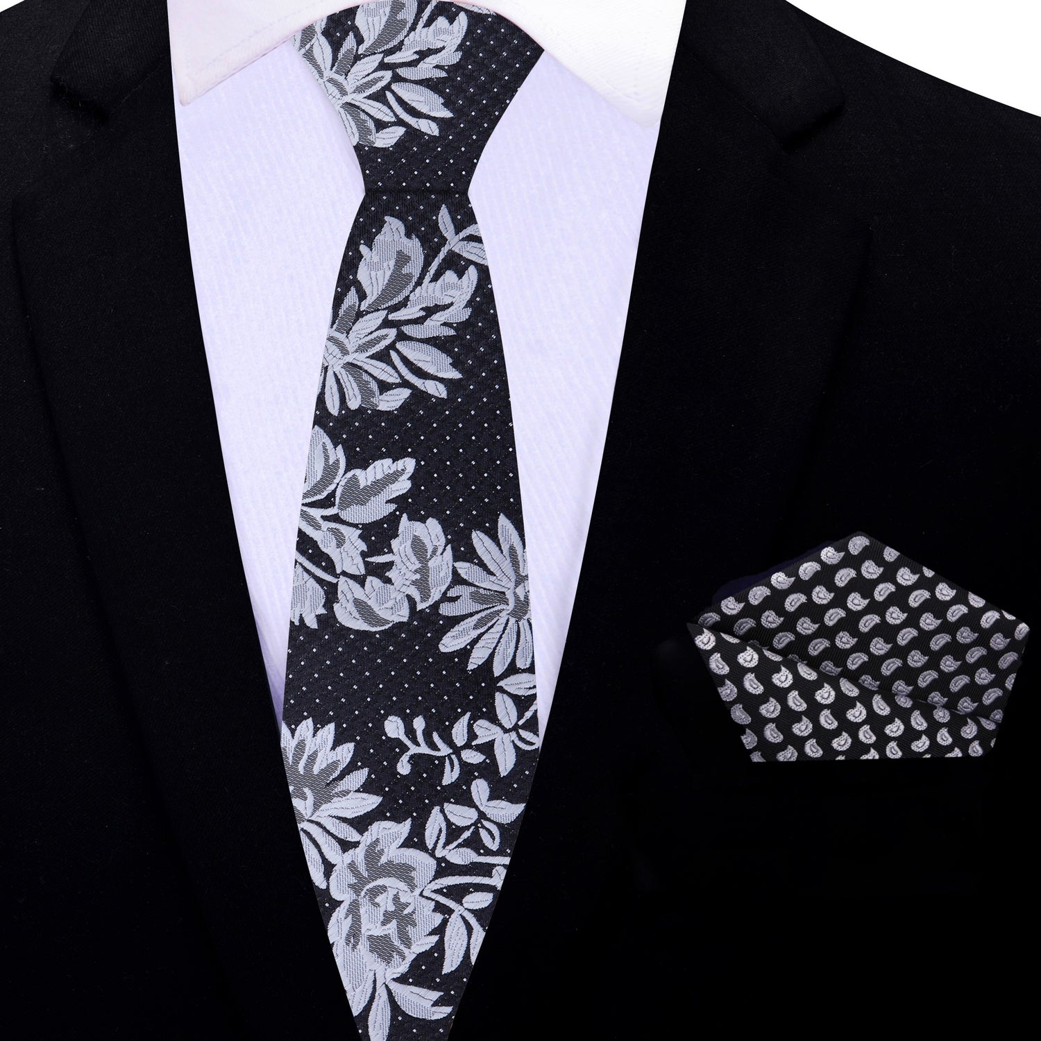 Thin Tie: Black, White, Grey Flowers and Dots Tie and Pocket Square