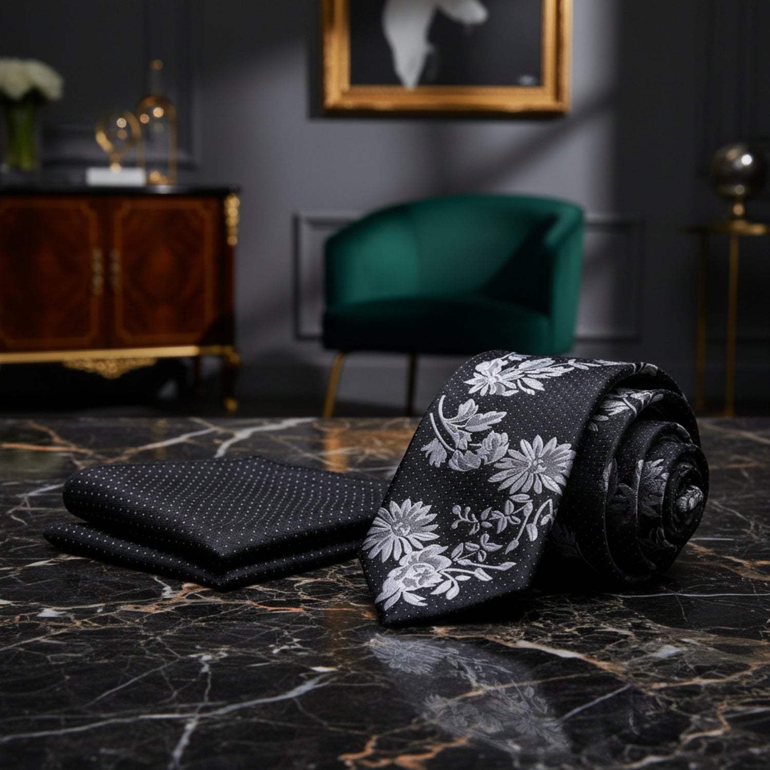 Alt View: Black, White, Grey Flowers and Dots Tie and Matching Pocket Square
