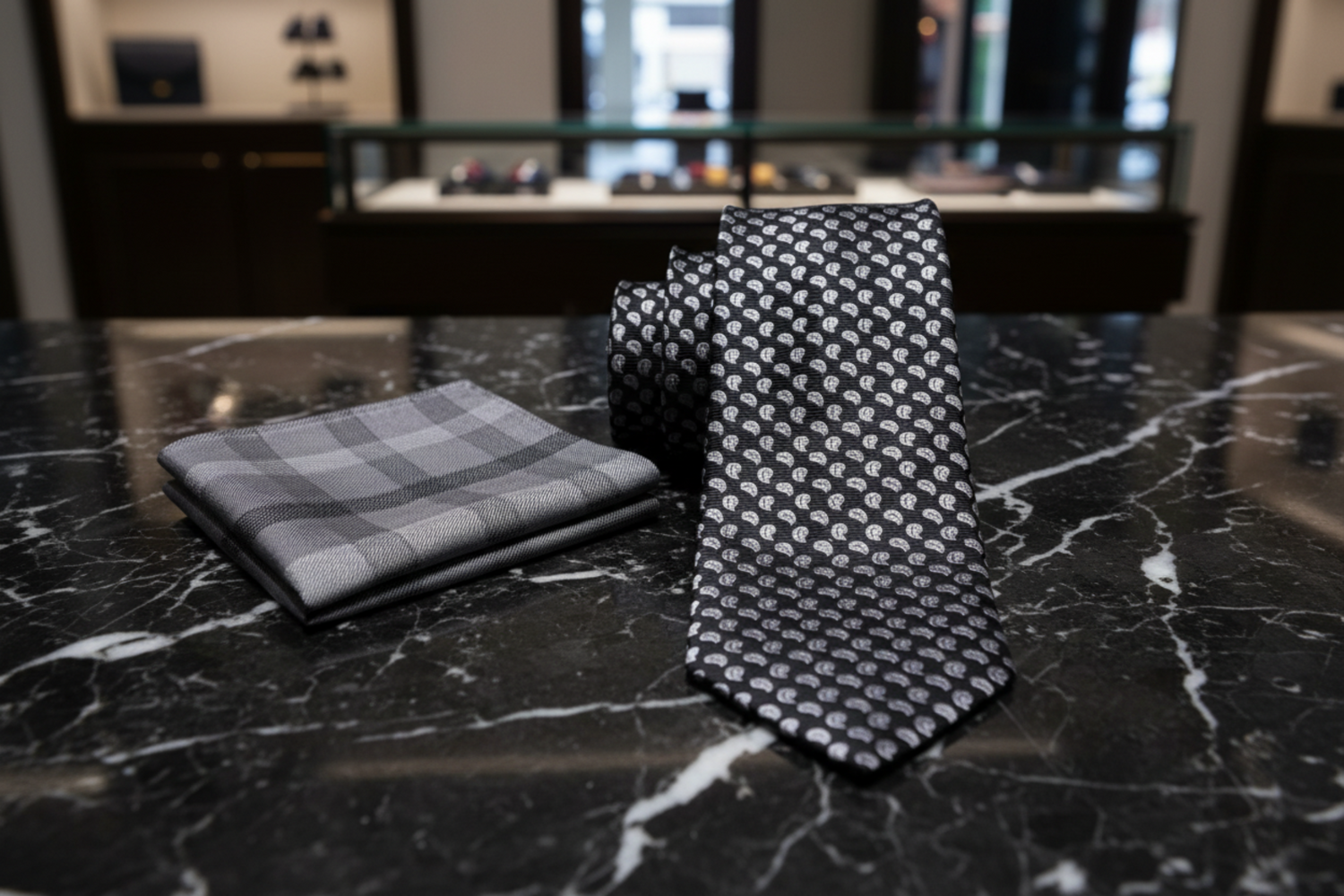 Alt View: Black, Grey Paisley Necktie and Accenting Plaid Square