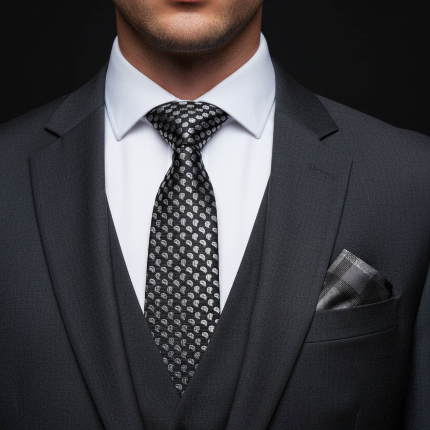 Man wearing a gray suit with a patterned tie and pocket square on a black background