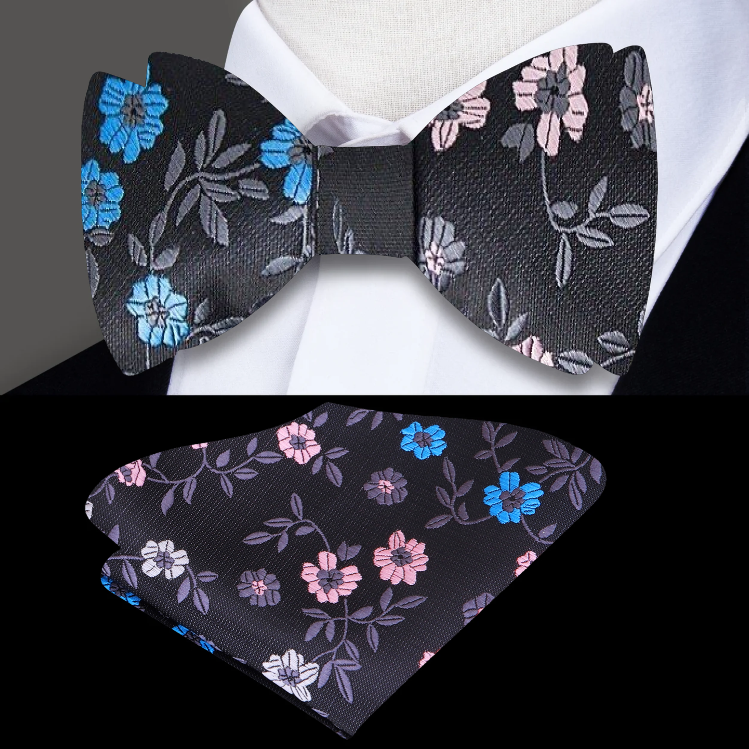 A Black, Grey, Pink, Blue Floral Pattern  Self Tie Bow Tie, With Matching Pocket Square||Black, Grey, Pink, Blue