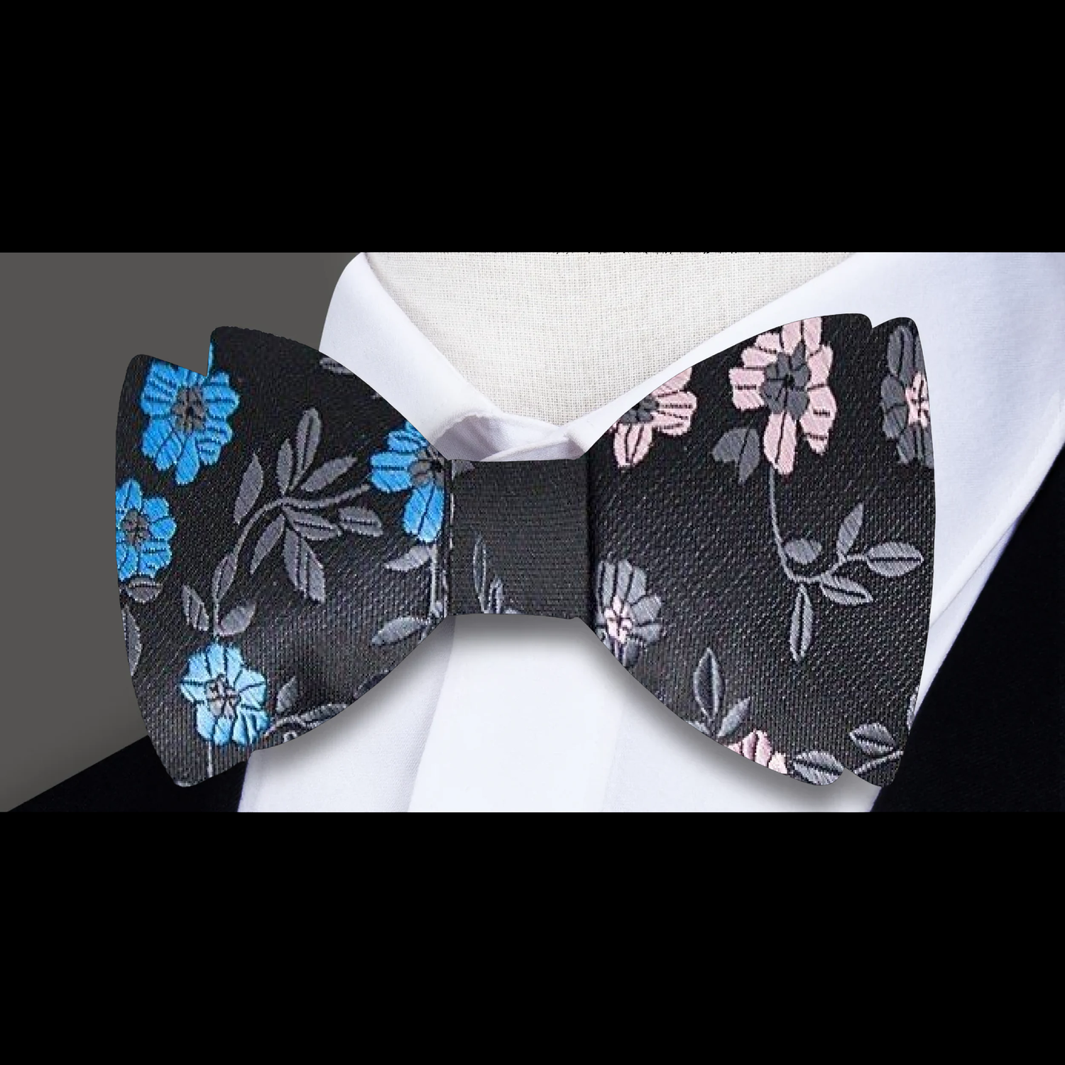 A Black, Grey, Pink, Blue Floral Pattern Self Tie Bow Tie, 