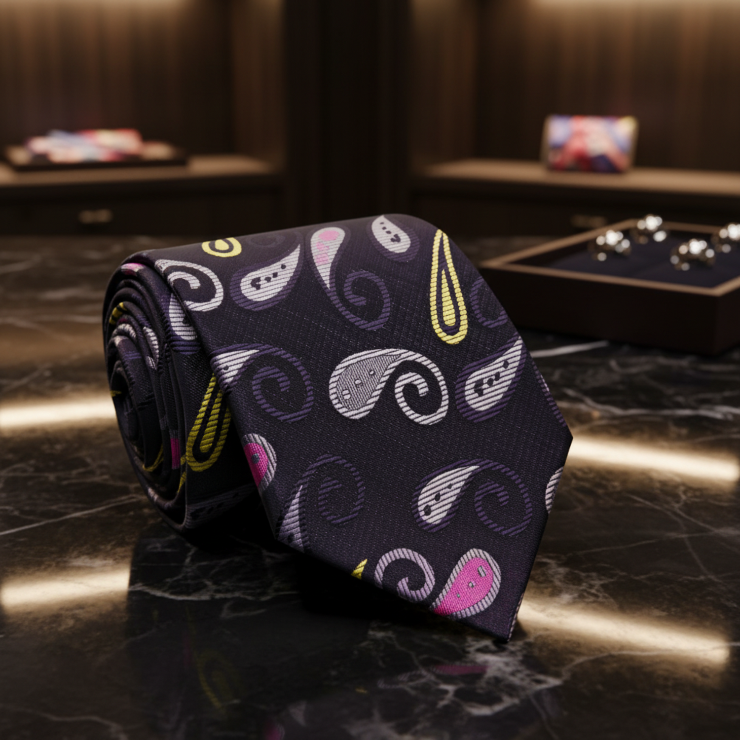 Black Grey Pink Enchanted Paisley Necktie  
