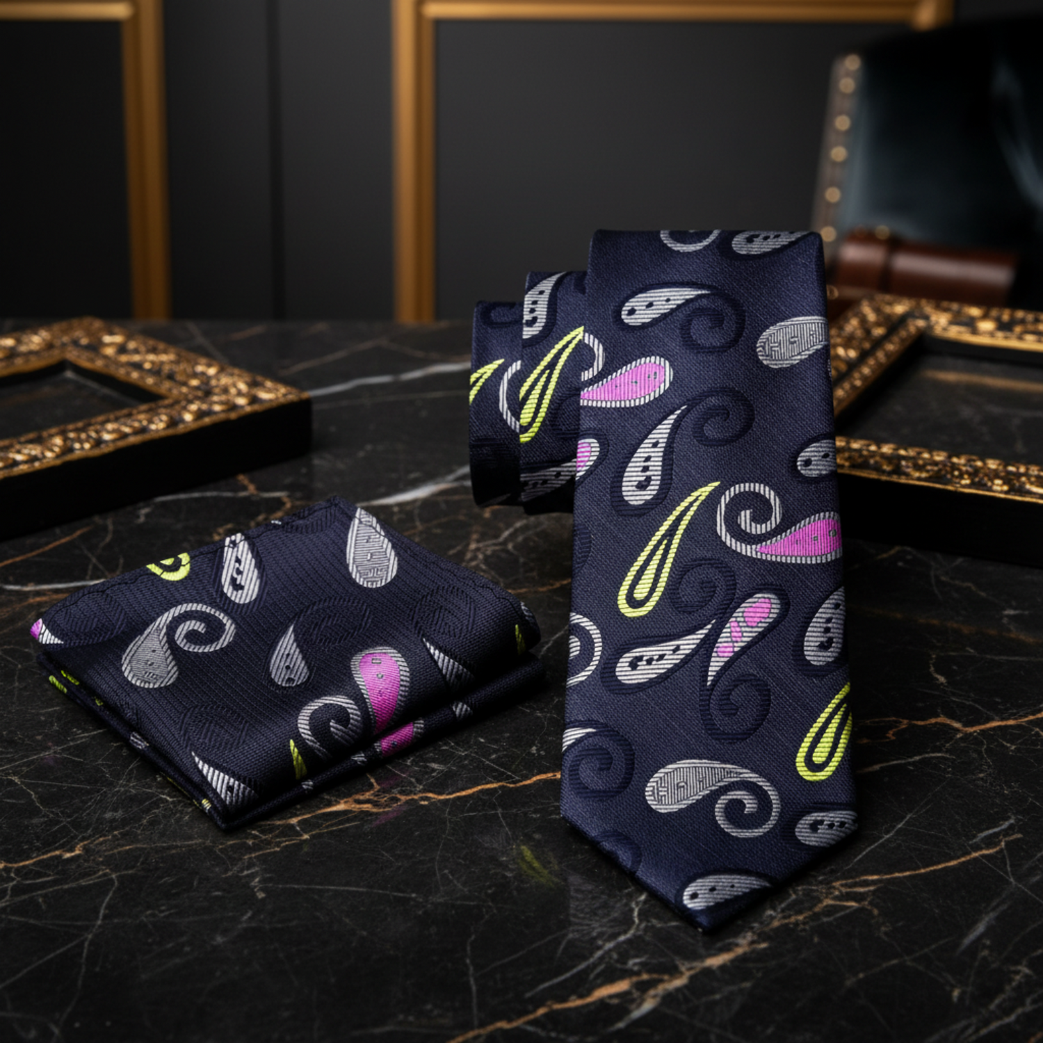 View 2: Black Grey Pink Enchanted Paisley Necktie and Square