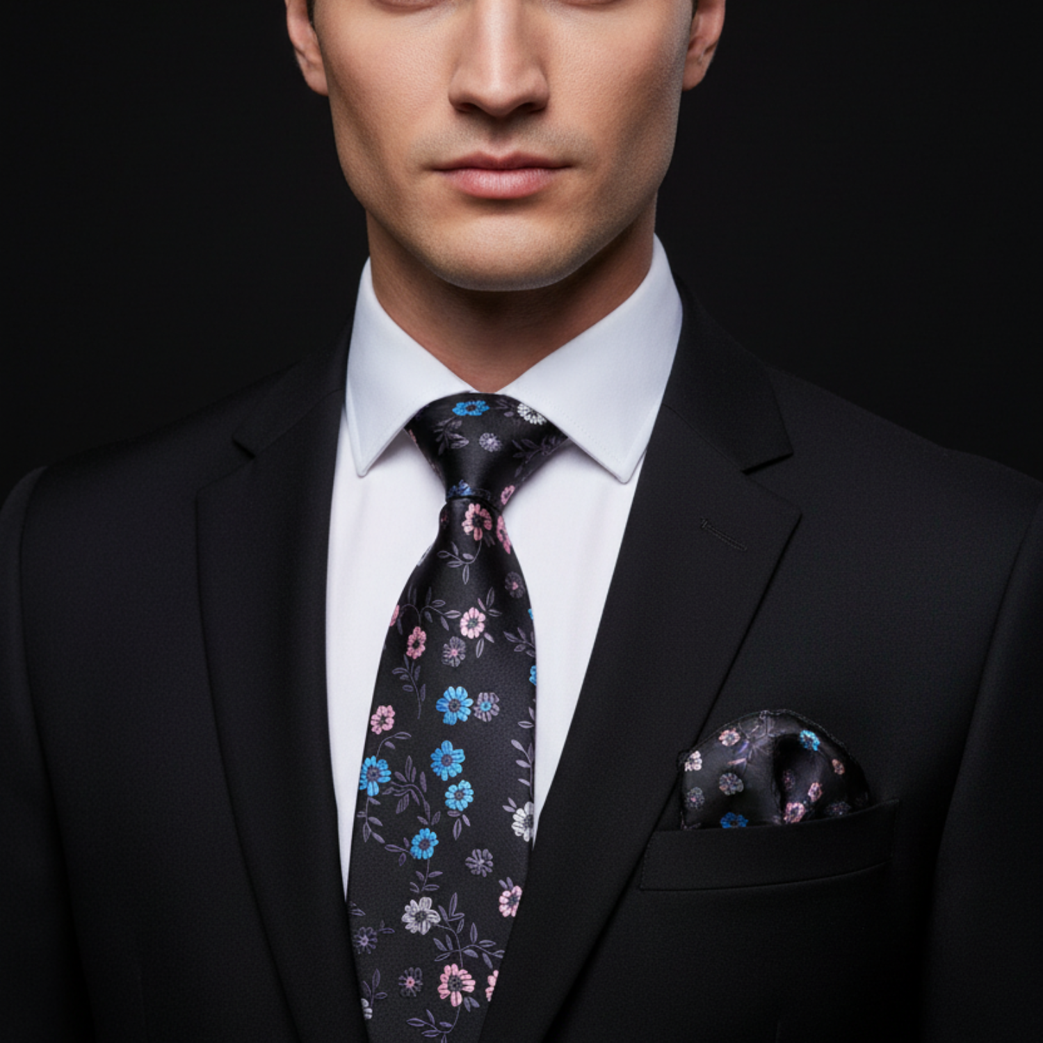 Man wearing a black suit with a floral tie and pocket square on a black background