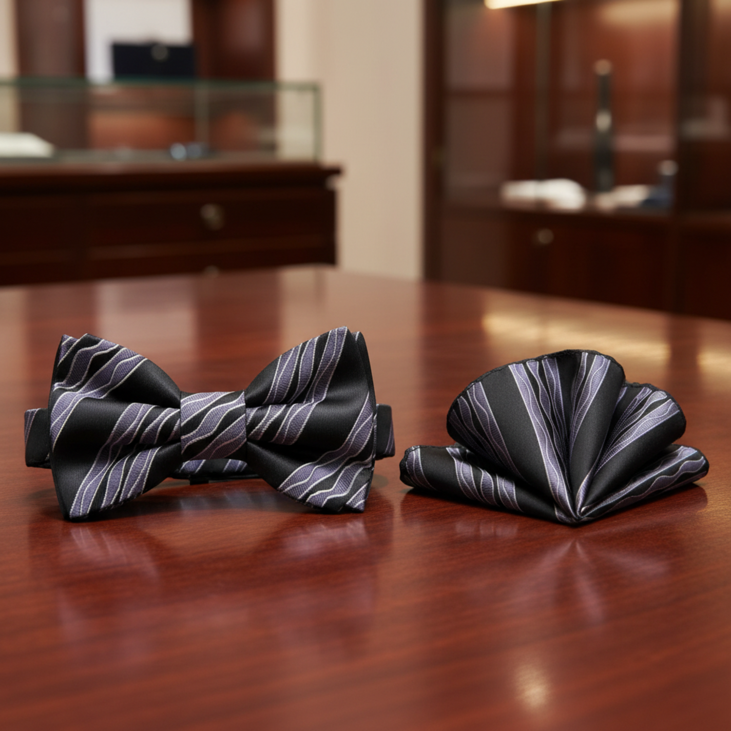 Black, Grey Wavy Lines Bow Tie and Pocket Square||Black, Grey